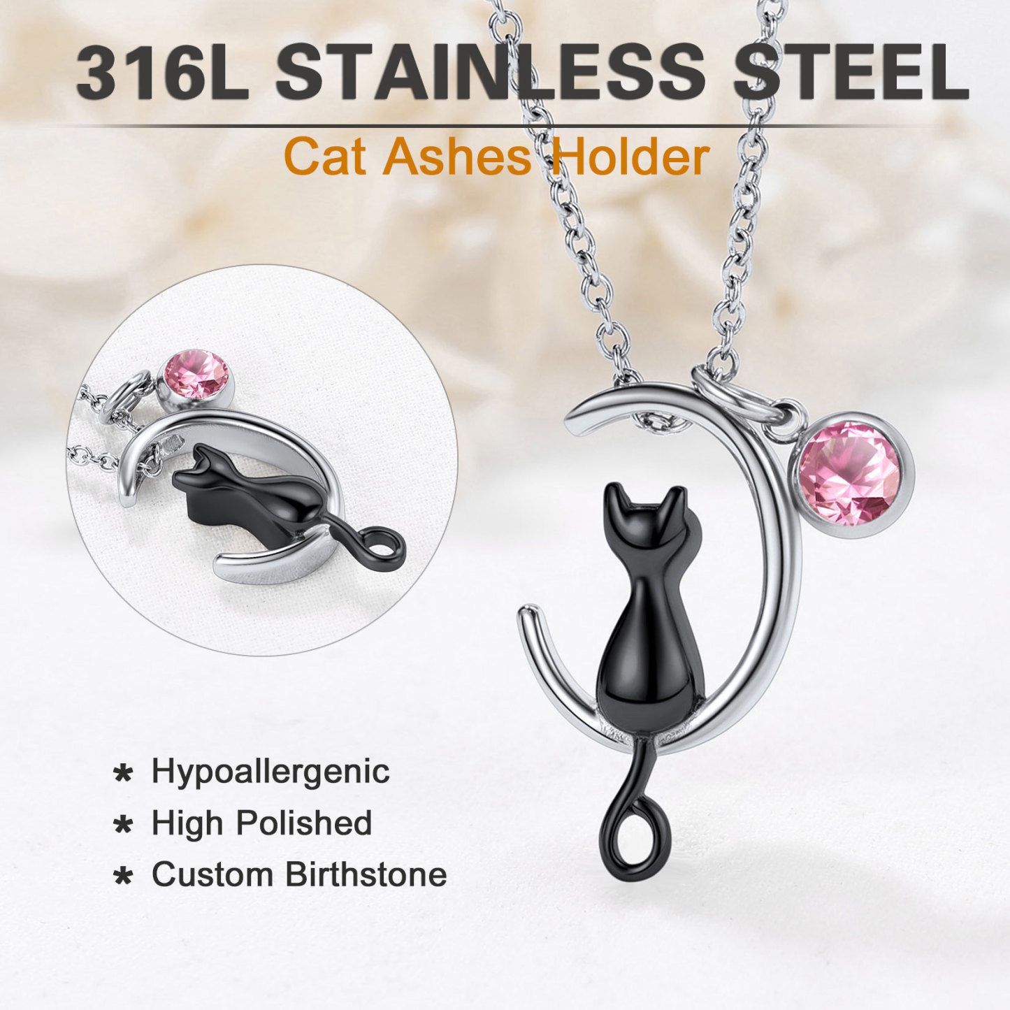  stainless steel Birthstone Cat Cremation Urn Necklace