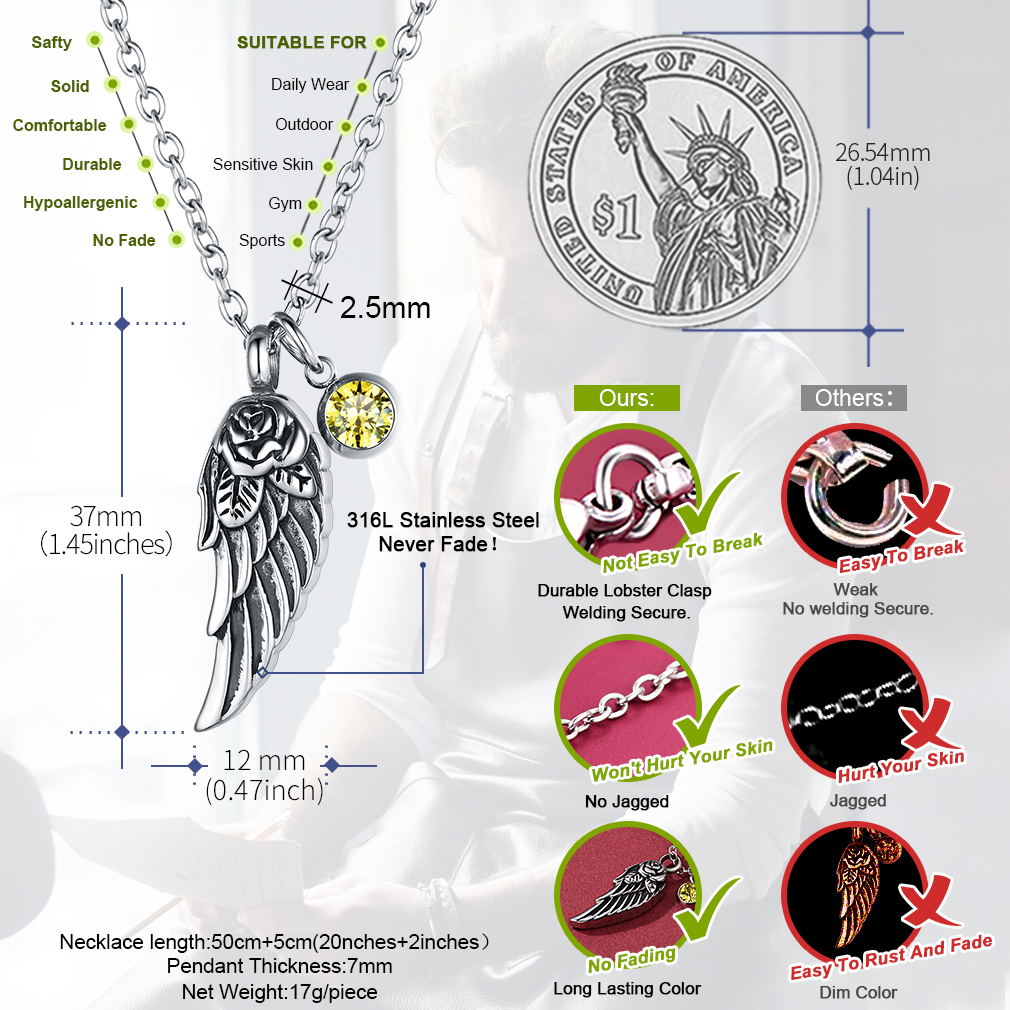 Birthstone Angle Wing Cremation Urn  Necklace size