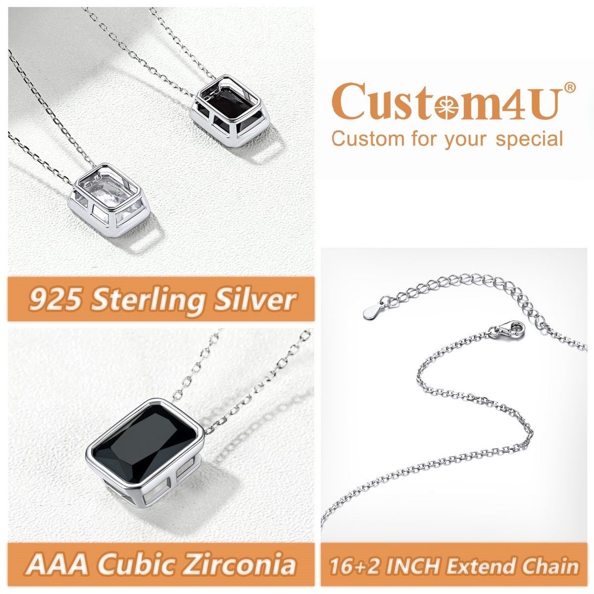 Sterling Silver Square Black Cubic Zirconia Choker Necklace detail