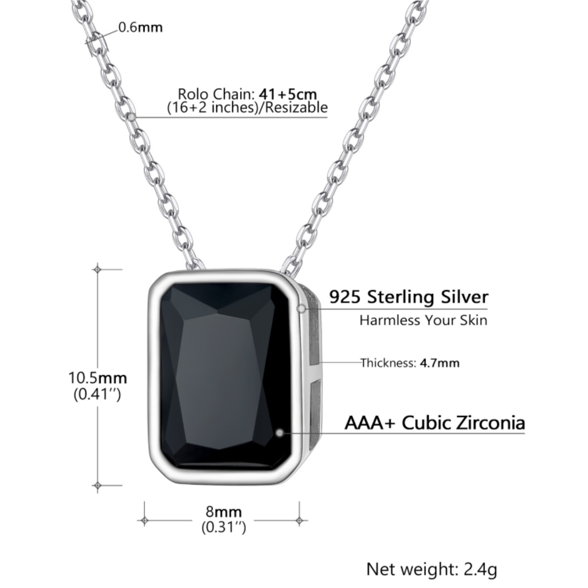 Sterling Silver Square Black Cubic Zirconia Choker Necklace size