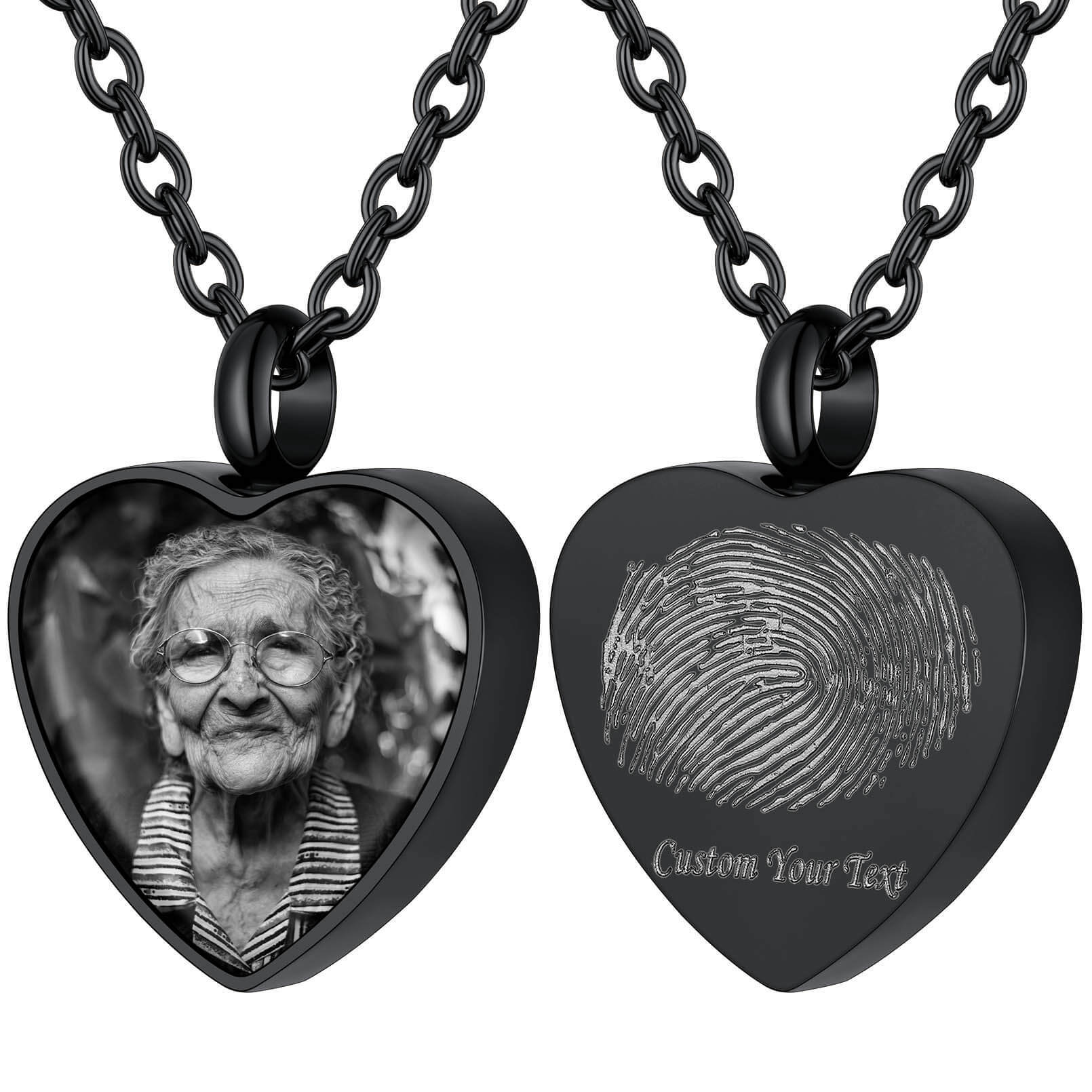 Custom Heart Photo Cremation Urn Necklace for Pet Ashes with Fingerprint