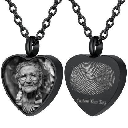 Custom Heart Photo Cremation Urn Necklace for Pet Ashes with Fingerprint