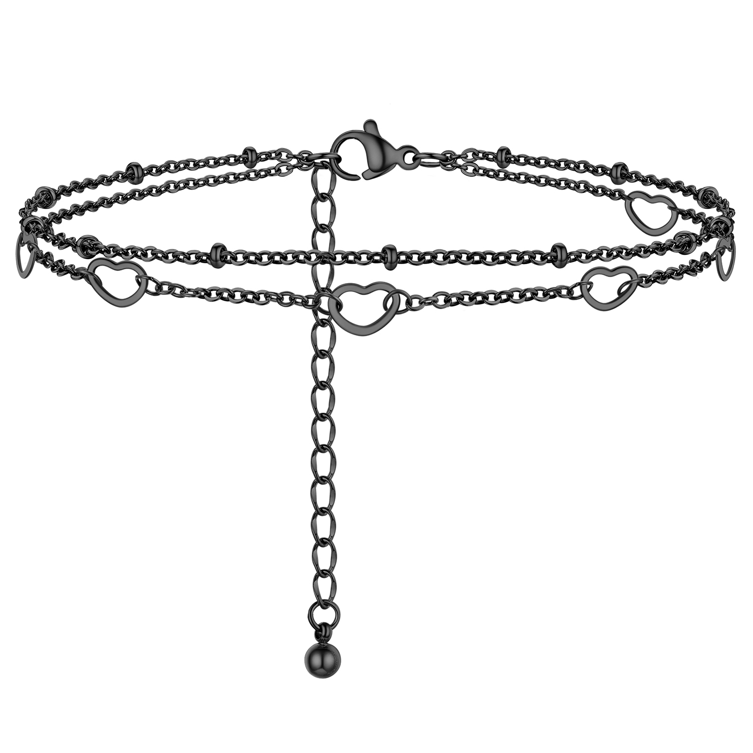 black Layered Heart Anklet Beaded Chain