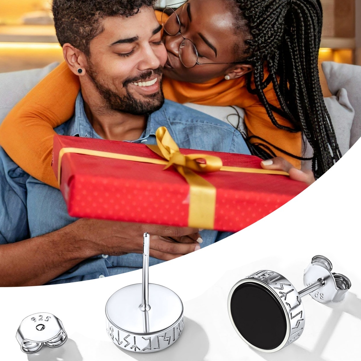 925 Sterling Silver Black Onyx Viking Rune Studs