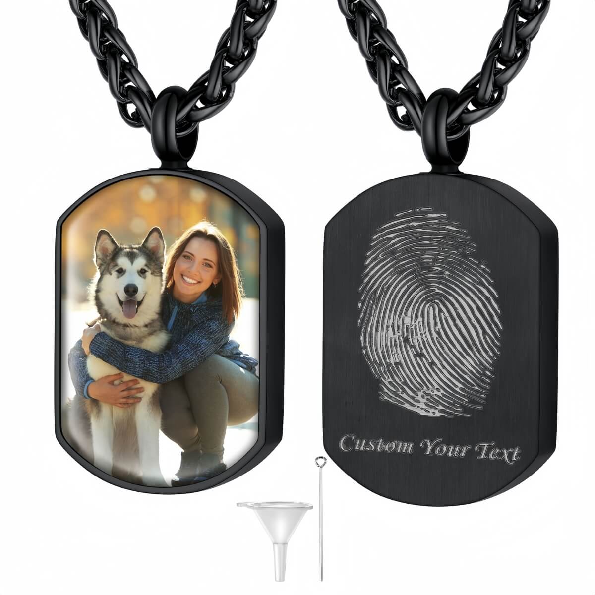 Custom Photo Dog Tag Cremation Urn Necklace for Pet Ashes with Fingerprint