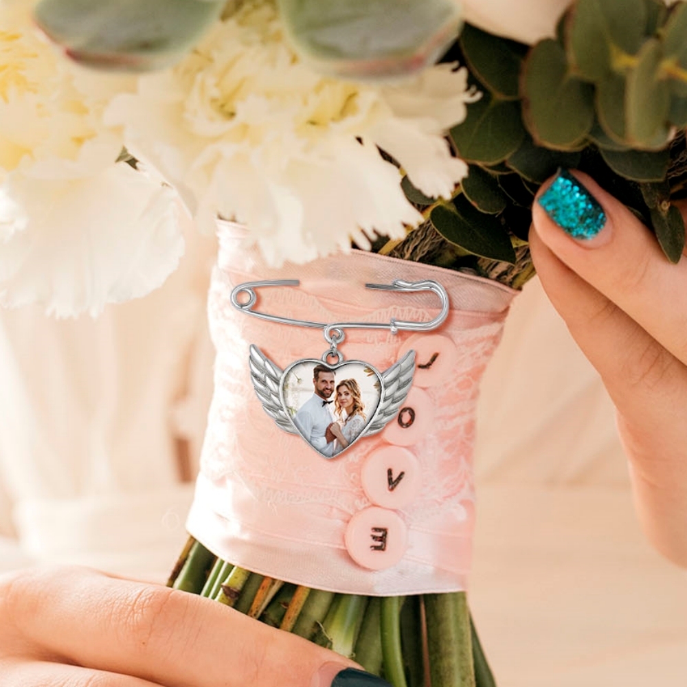 Custom Angel Wing Wedding Bouquet Photo Brooch Pins