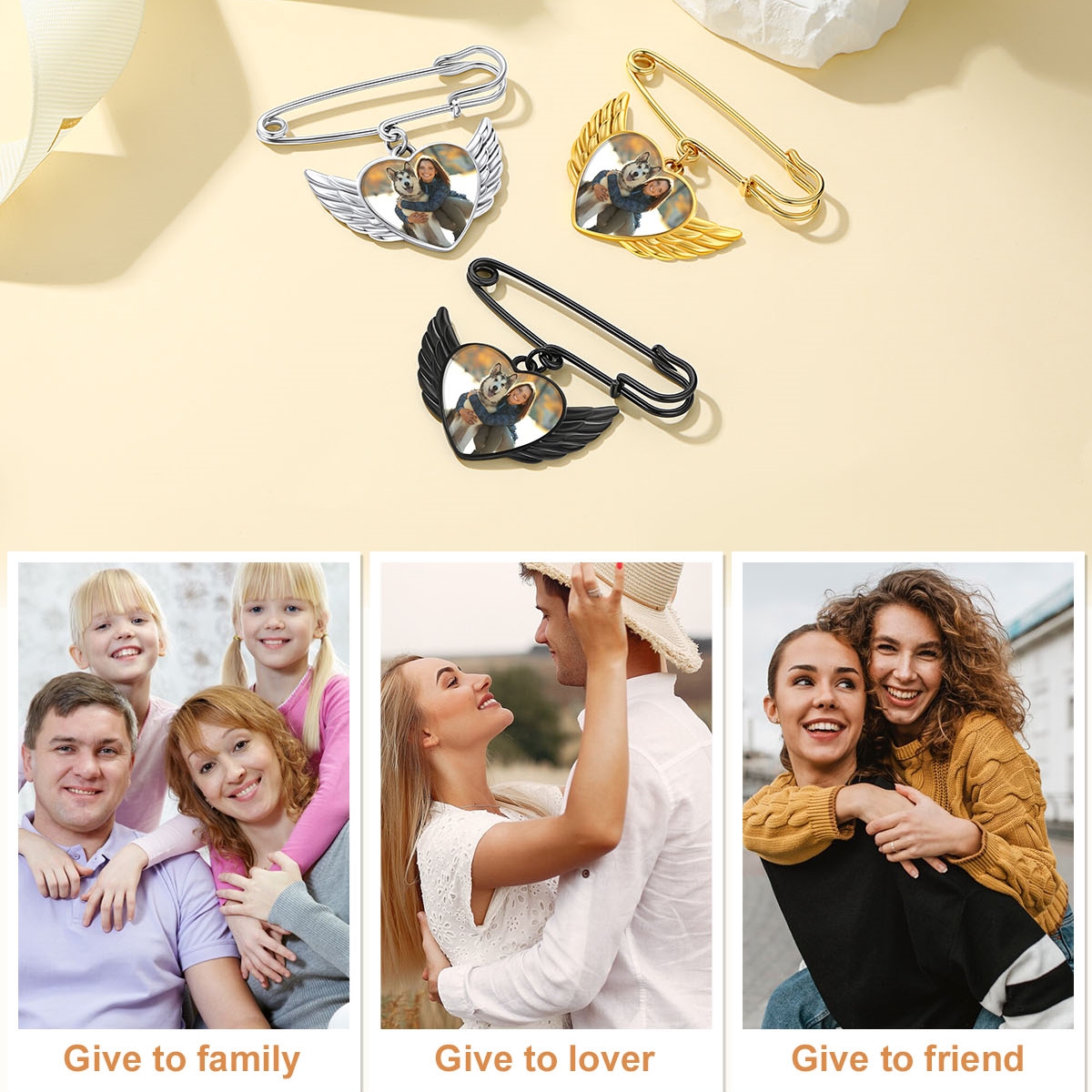 Custom Angel Wing Wedding Bouquet Photo Charms Brooch Pins for gift