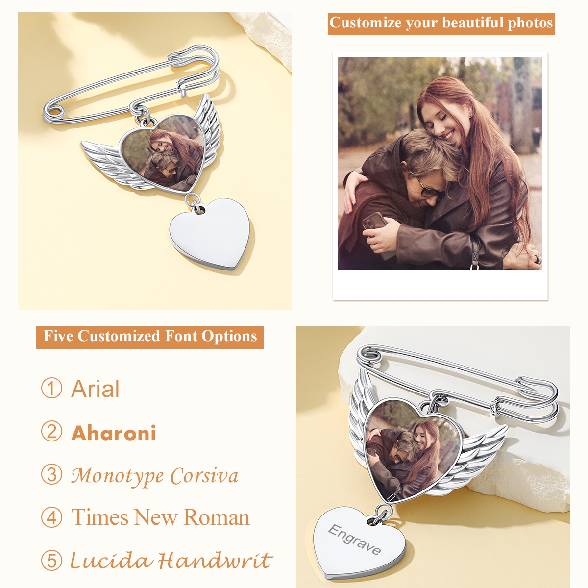 Custom Angel Wing Wedding Bouquet Photo Charms Brooch Pins