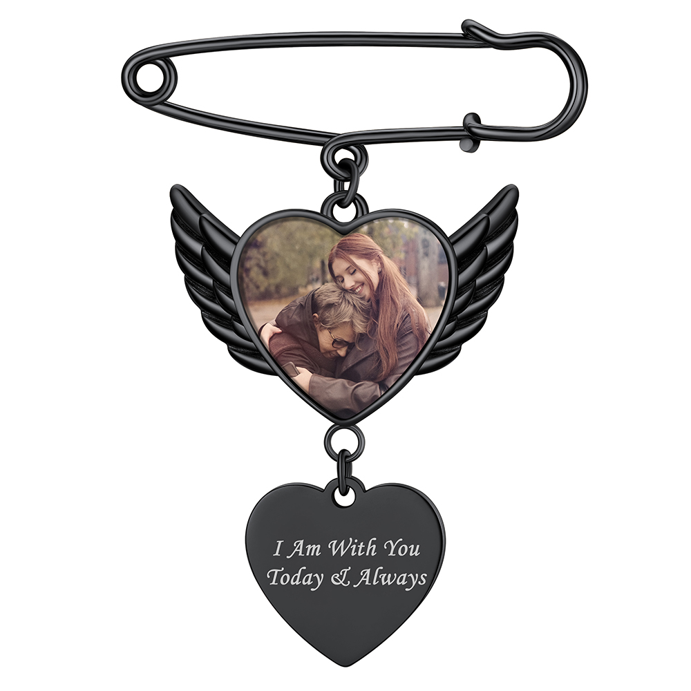 Custom Angel Wing Wedding Bouquet Heart Photo Charms Brooch Pins black