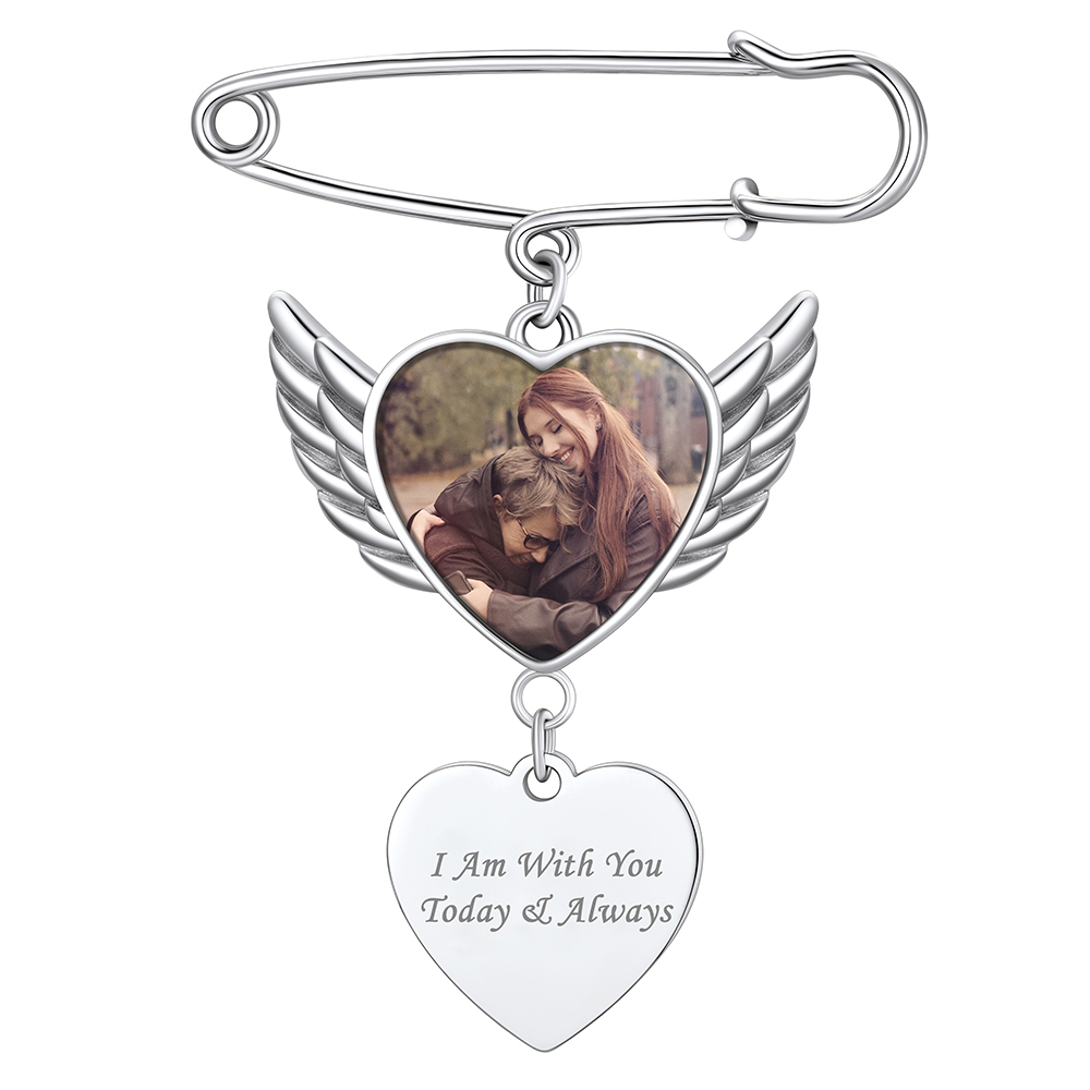 Custom Angel Wing Wedding Bouquet Heart Photo Charms Brooch Pins silver