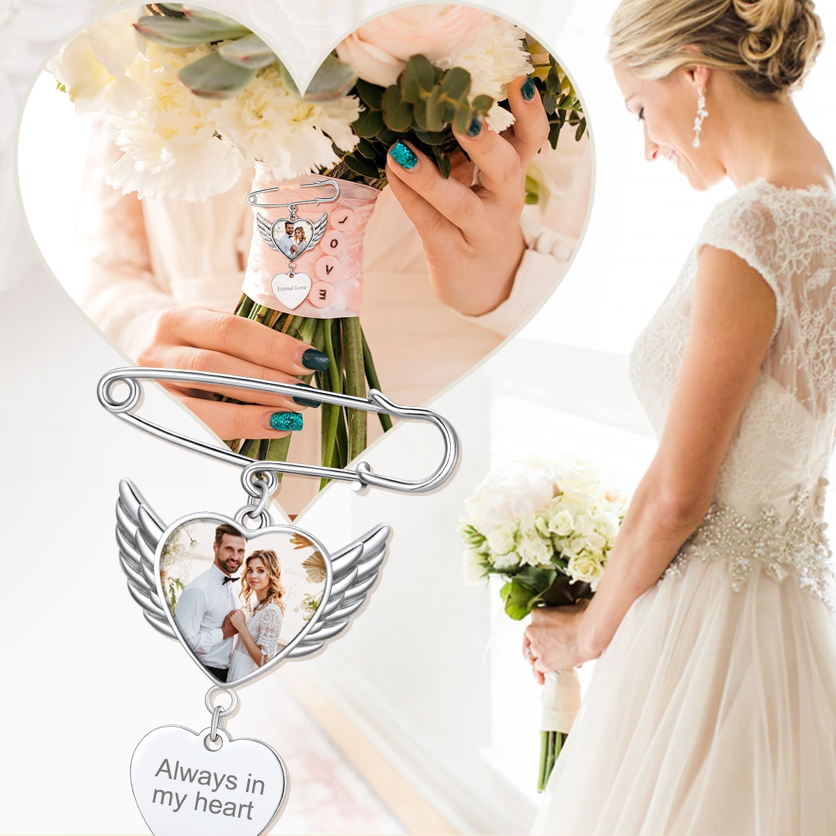 Custom Angel Wing Wedding Bouquet Heart Photo Brooch Pins