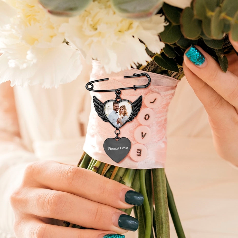 Angel Wing Wedding Bouquet Heart Photo Brooch Pins