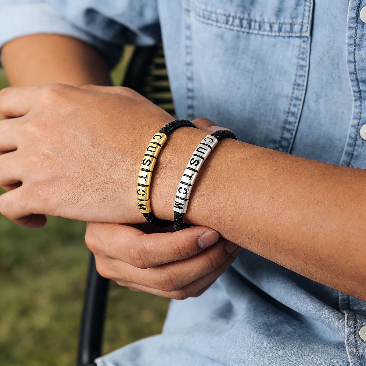 Personalized Leather Bracelet with Initial Beads Name Silver and Gold