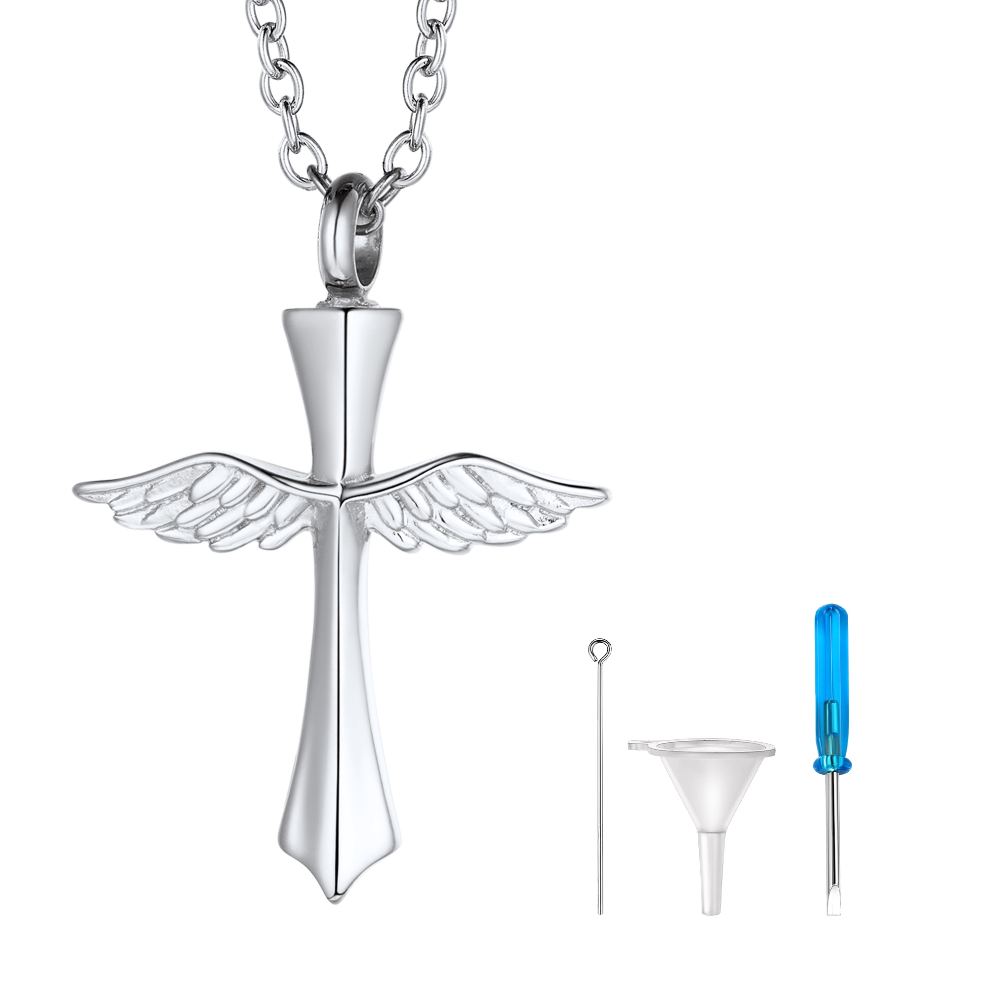 silver Cross Angle Wing Cremation Urn Necklace