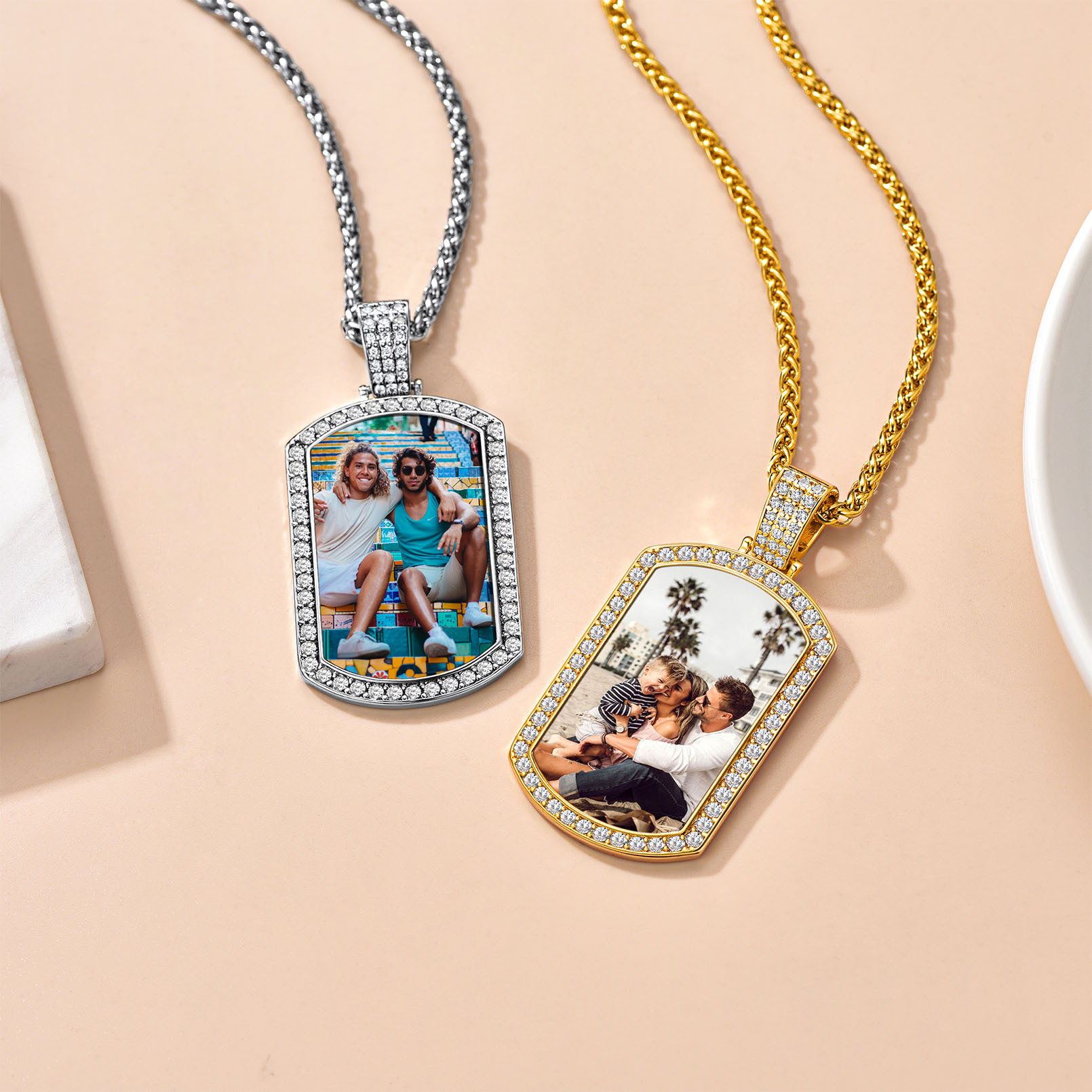 Custom Photo CZ Dog Tag picture Pendant Necklace for Men