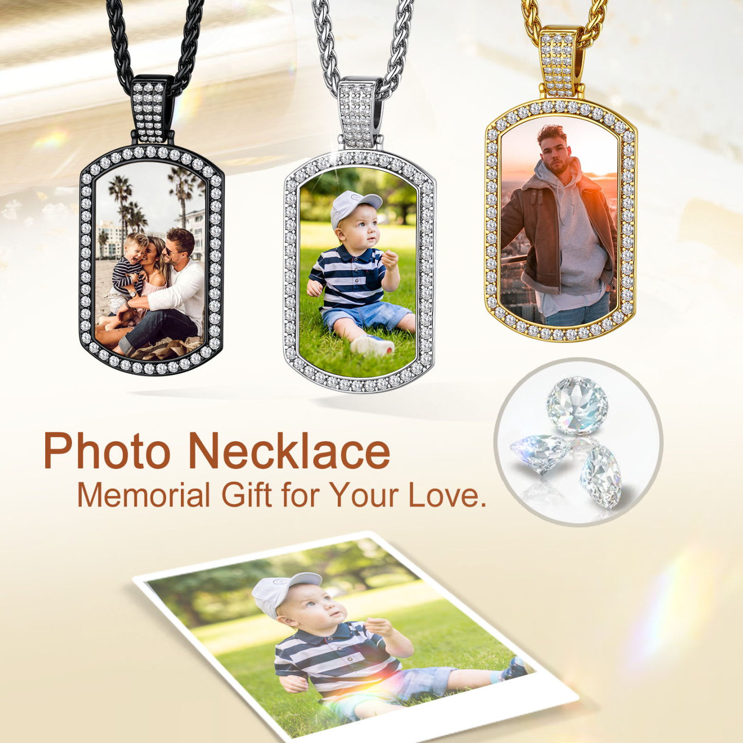 Custom Photo CZ Dog Tag picture Pendant Necklace for Men