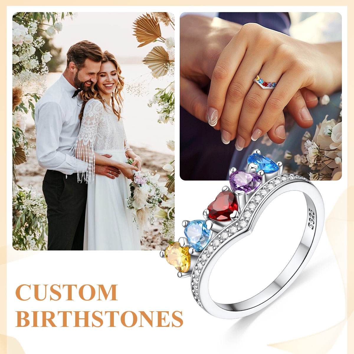 Custom Sterling Silver Heart 1-5 Birthstones Ring for her