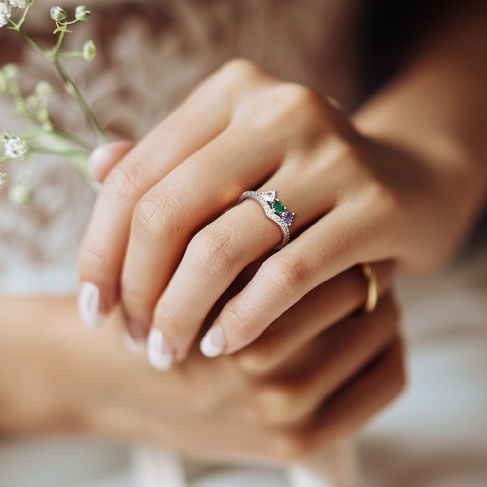 Custom Sterling Silver Heart 1-5 Birthstones Ring for women