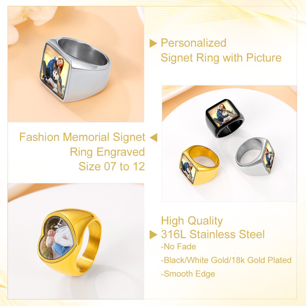 Custom mens Picture Heart Engraved Signet Ring for Men 