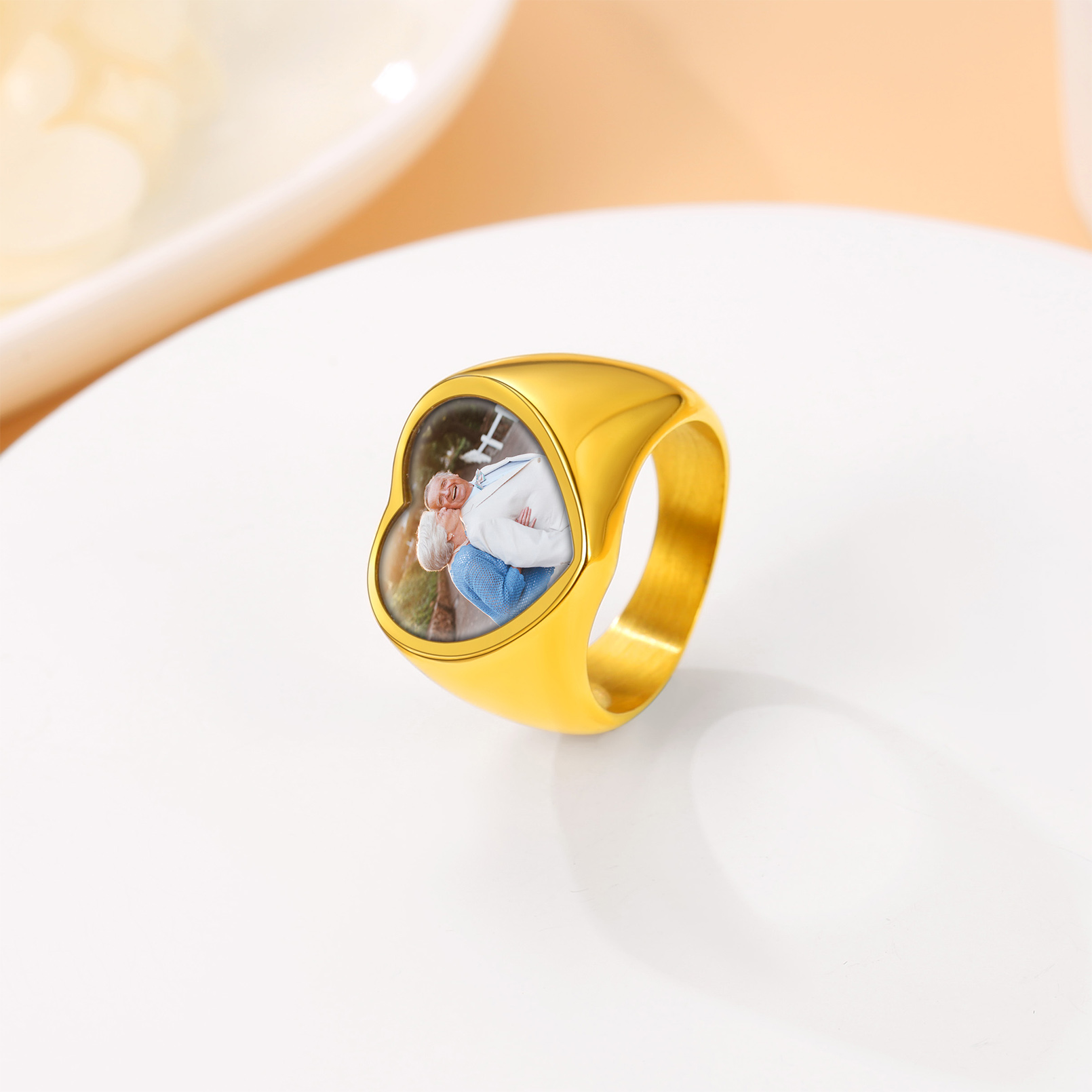 Custom Picture Heart Engraved Signet Ring for Men gold