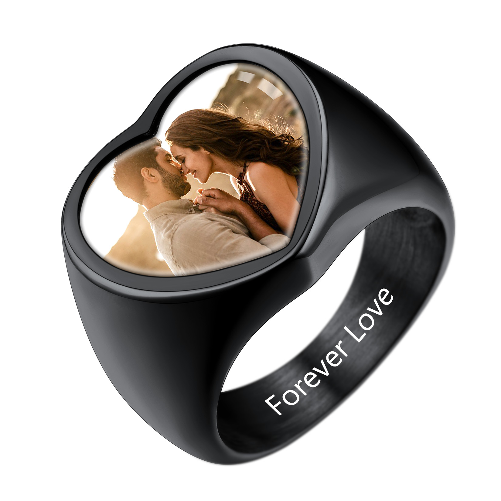 Custom Picture Heart Engraved Signet Ring for Men black