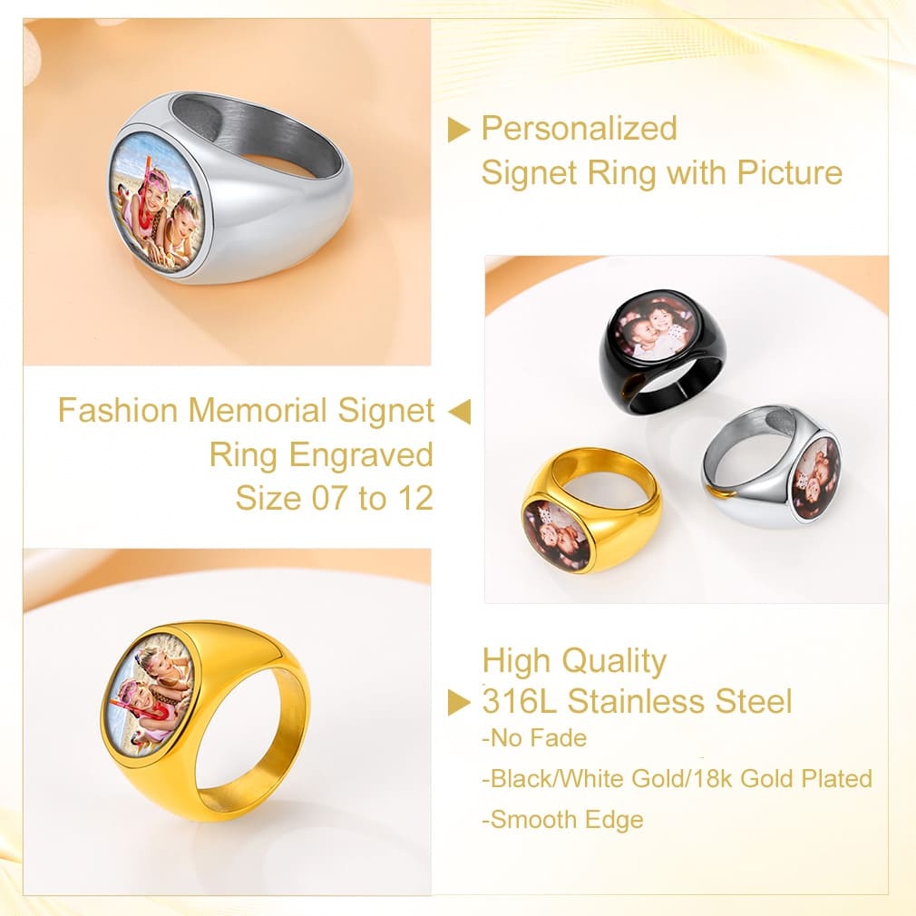 Custom Picture Round Engraved Signet Ring for Men detail