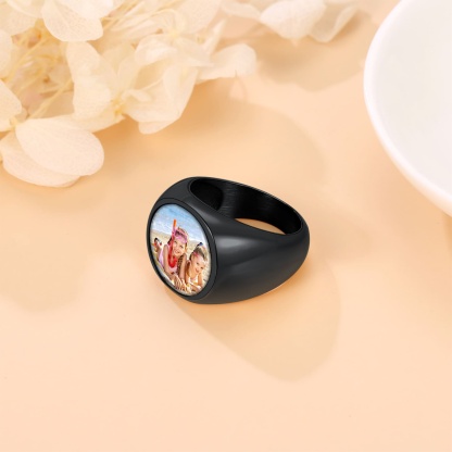 Custom Picture Round Engraved Signet Ring for Men black