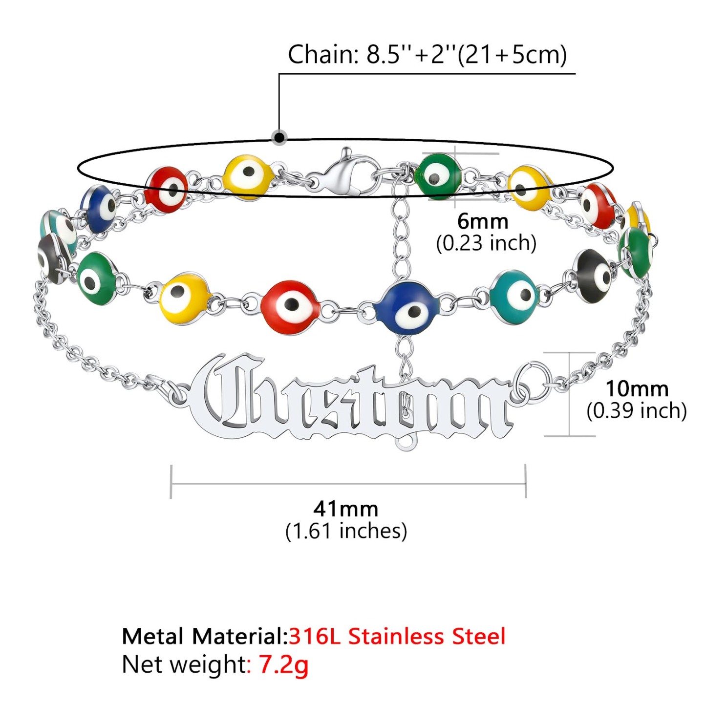 Custom Layered Nameplated Evil Eye Anklet Chain size