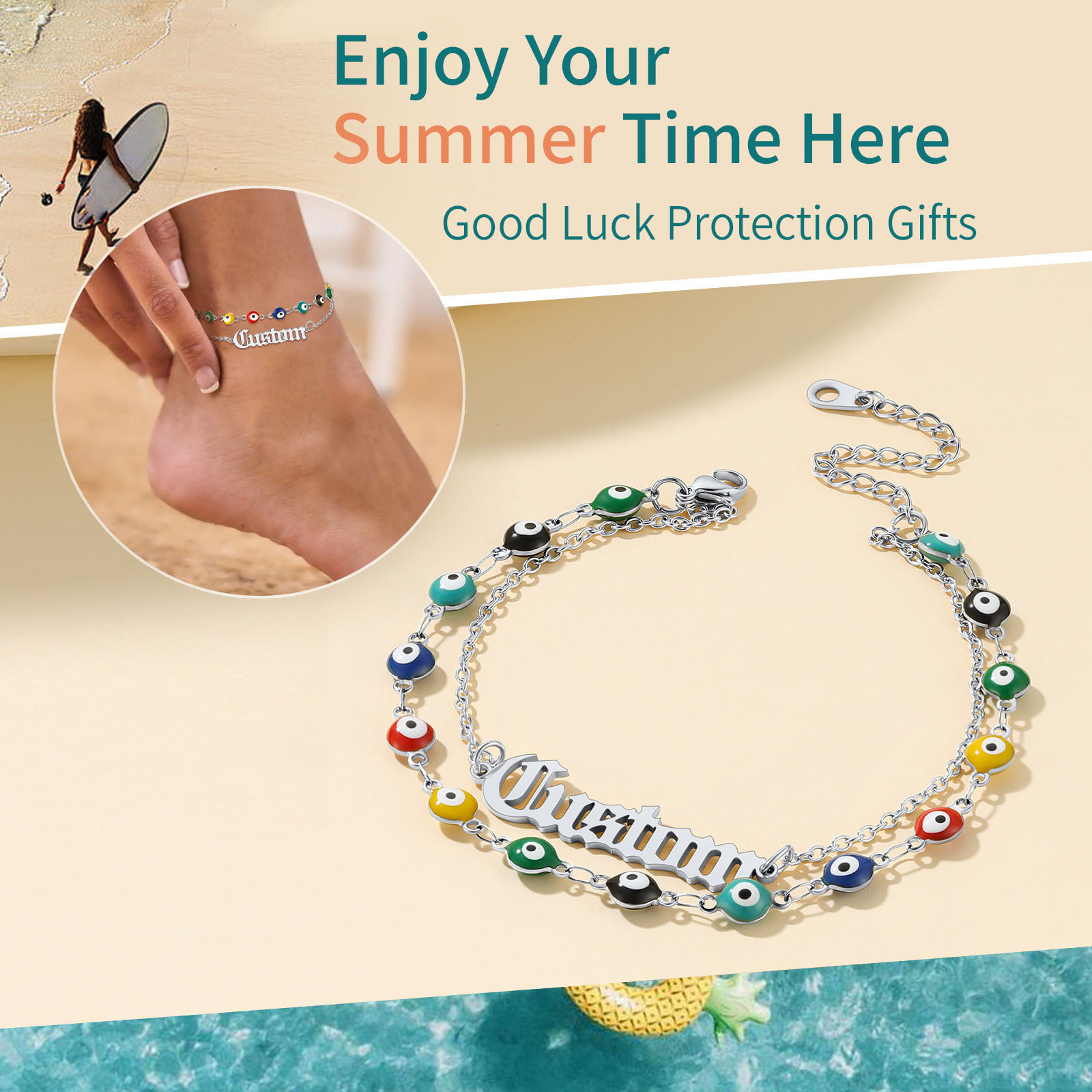 Custom Layered Nameplated Evil Eye Anklet Chain for summer