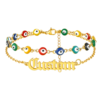 Custom Layered Nameplated Evil Eye Anklet Chain gold