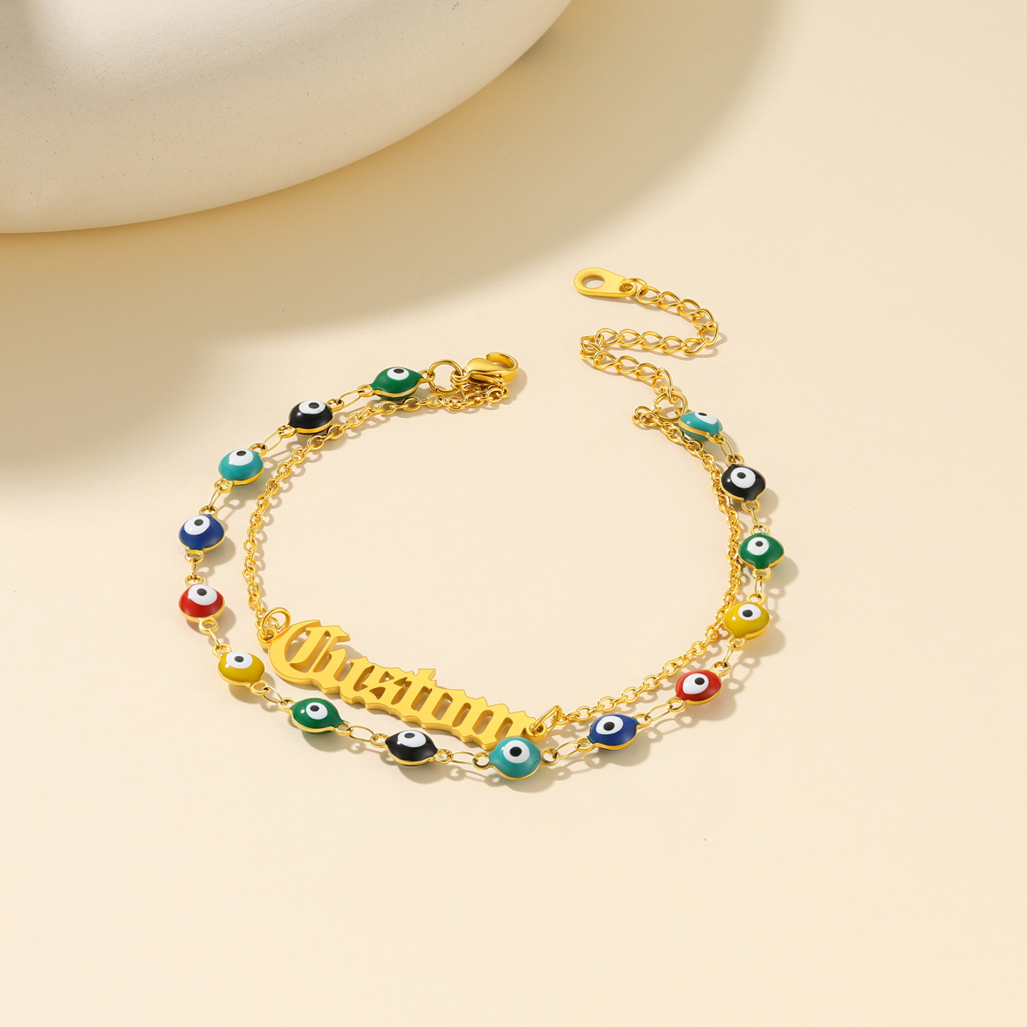 Custom Layered Nameplated Evil Eye gold Anklet Chain