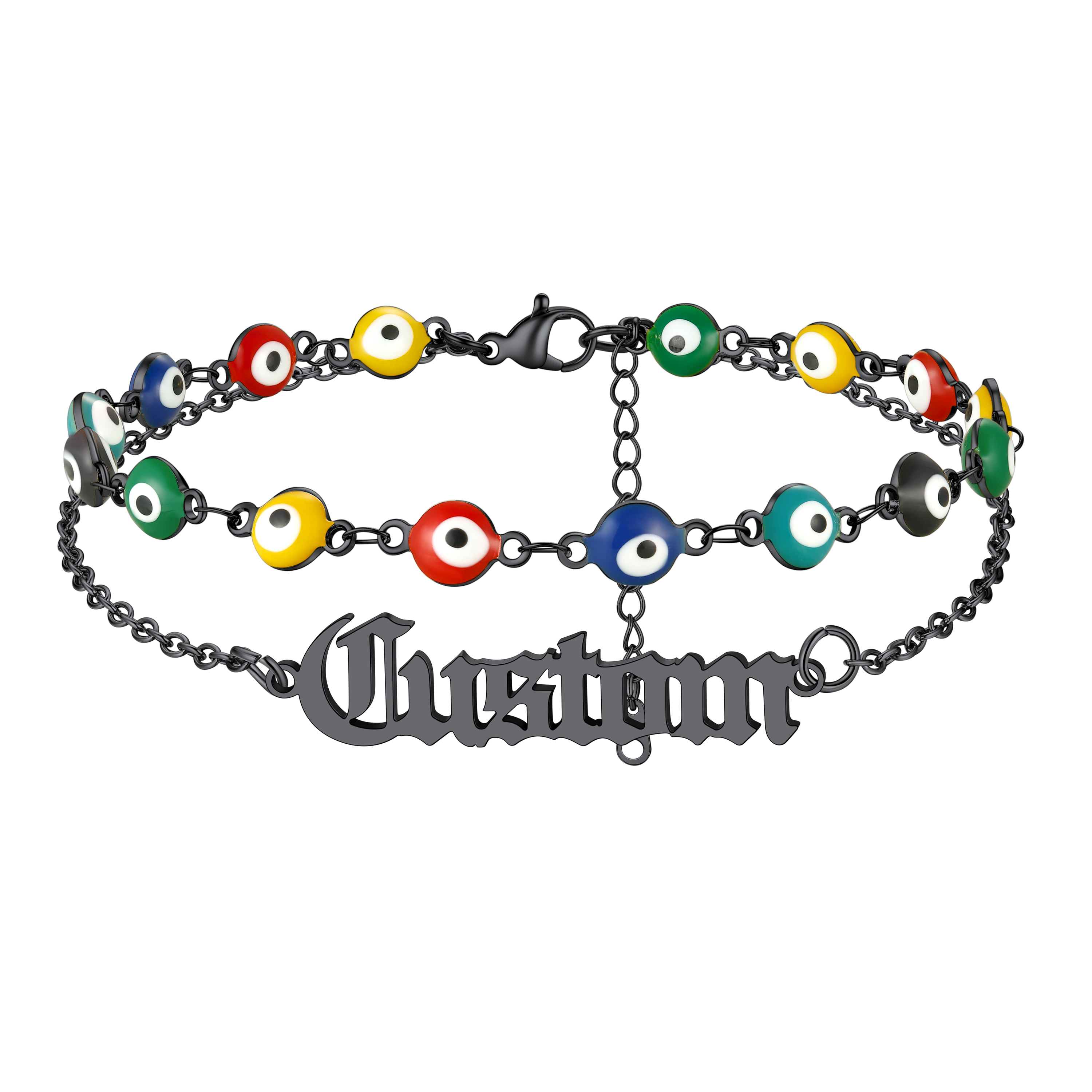Custom Layered Nameplated Evil Eye Anklet Chain black