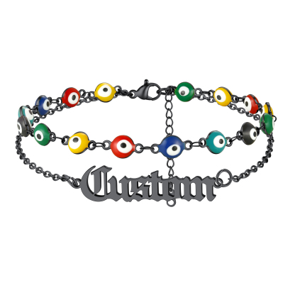 Custom Layered Nameplated Evil Eye Anklet Chain black