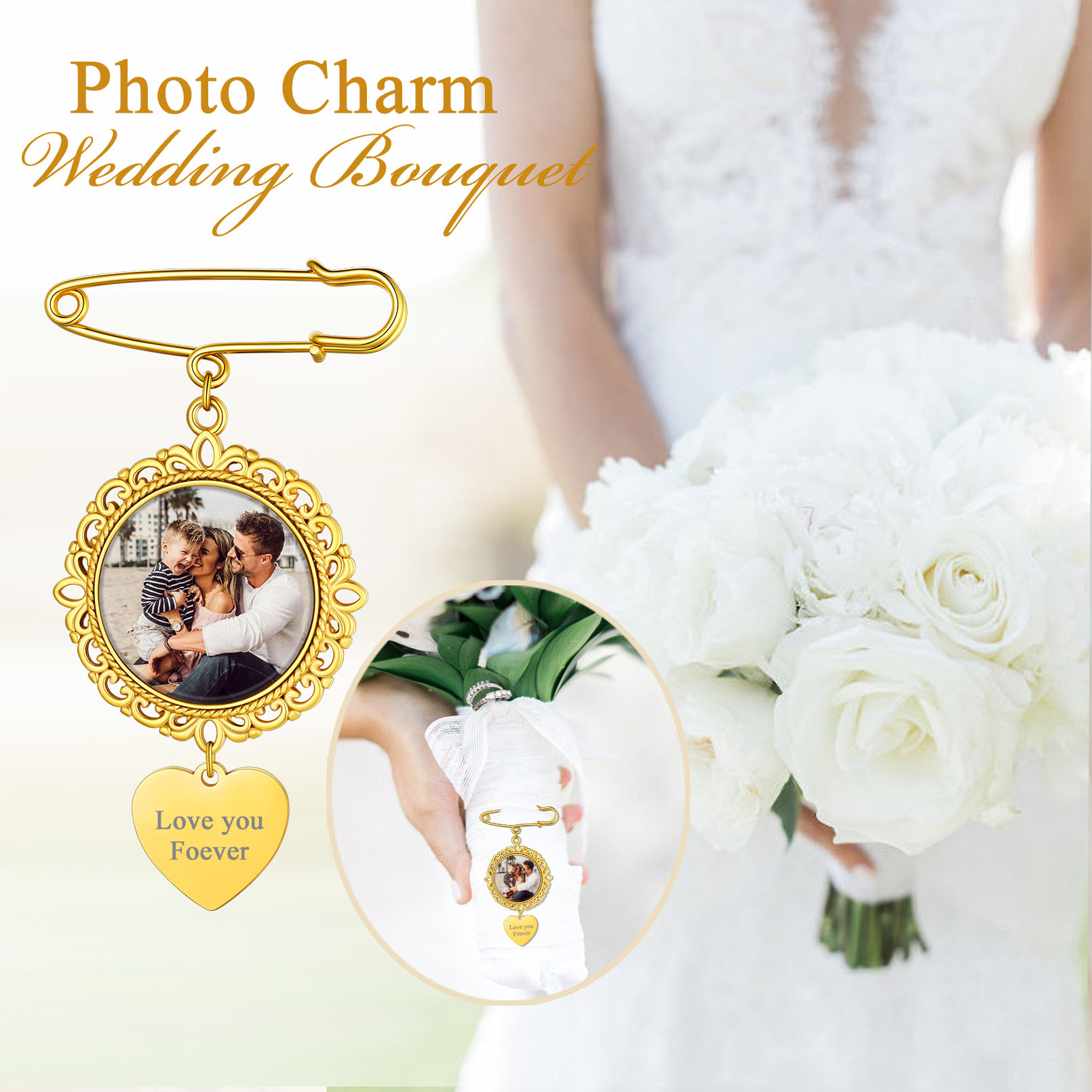 Custom Photo Charms Round Wedding Bouquet Brooch Pin