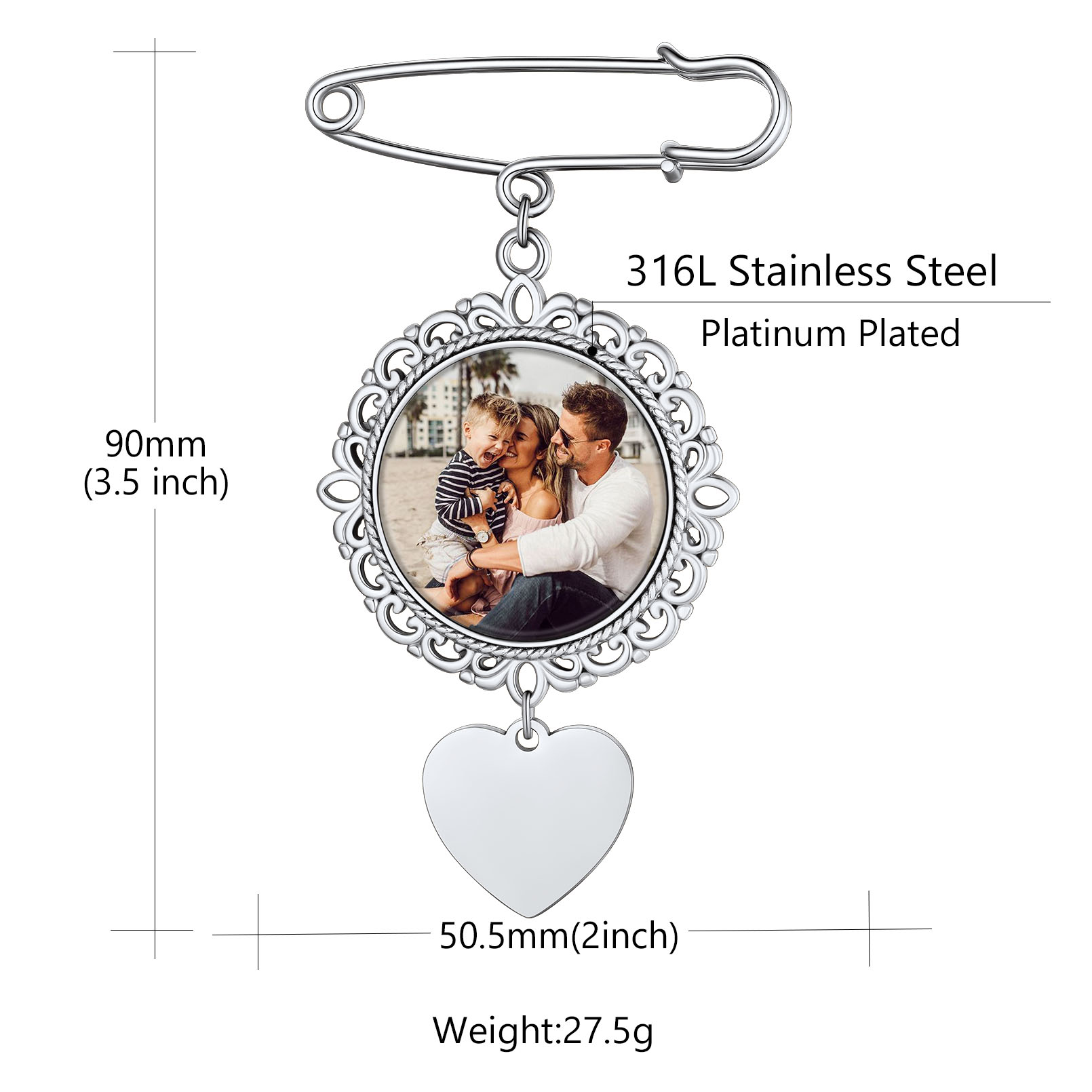 Custom Photo Round Wedding Bouquet Brooch Pin