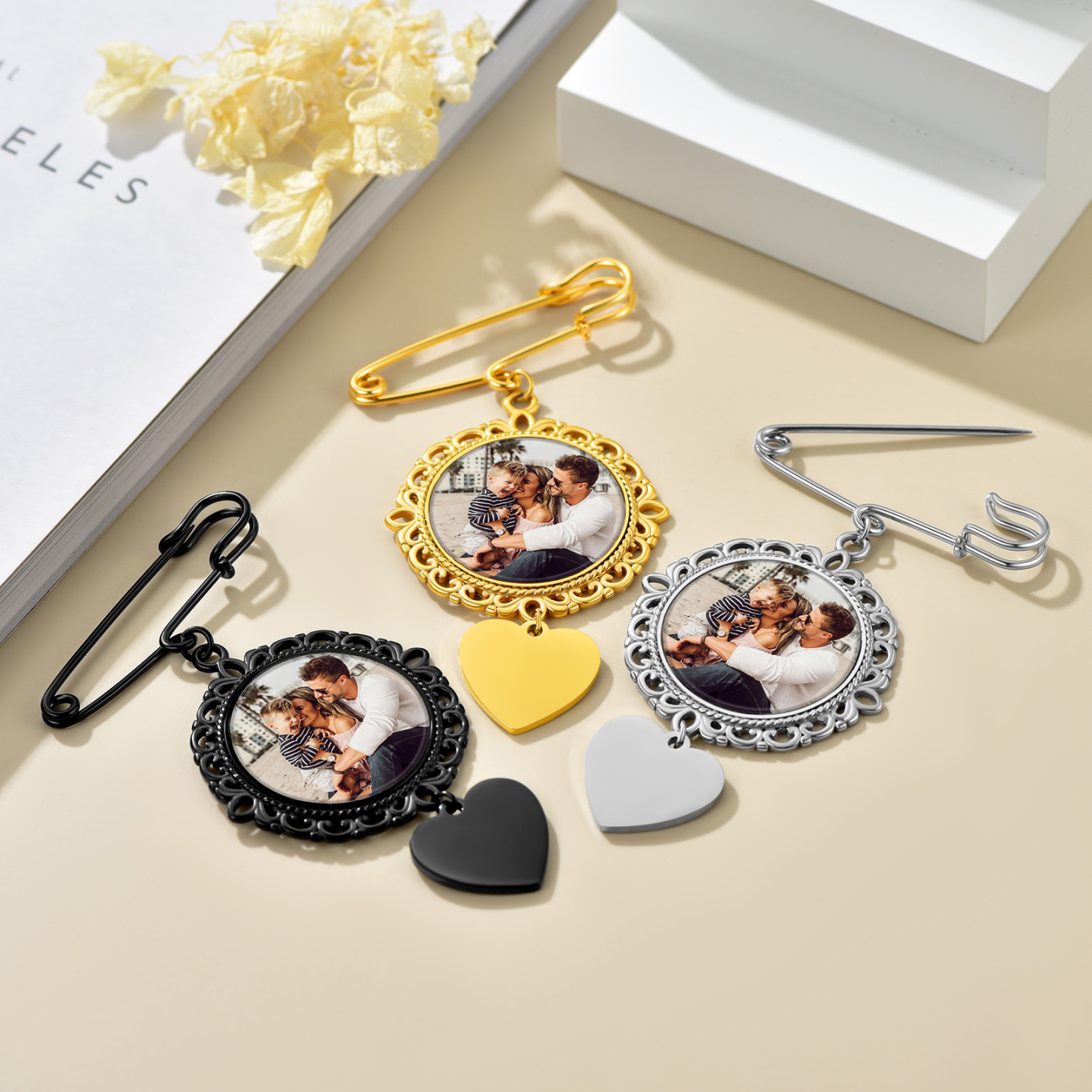 Photo Charms Round Wedding Bouquet Brooch Pins