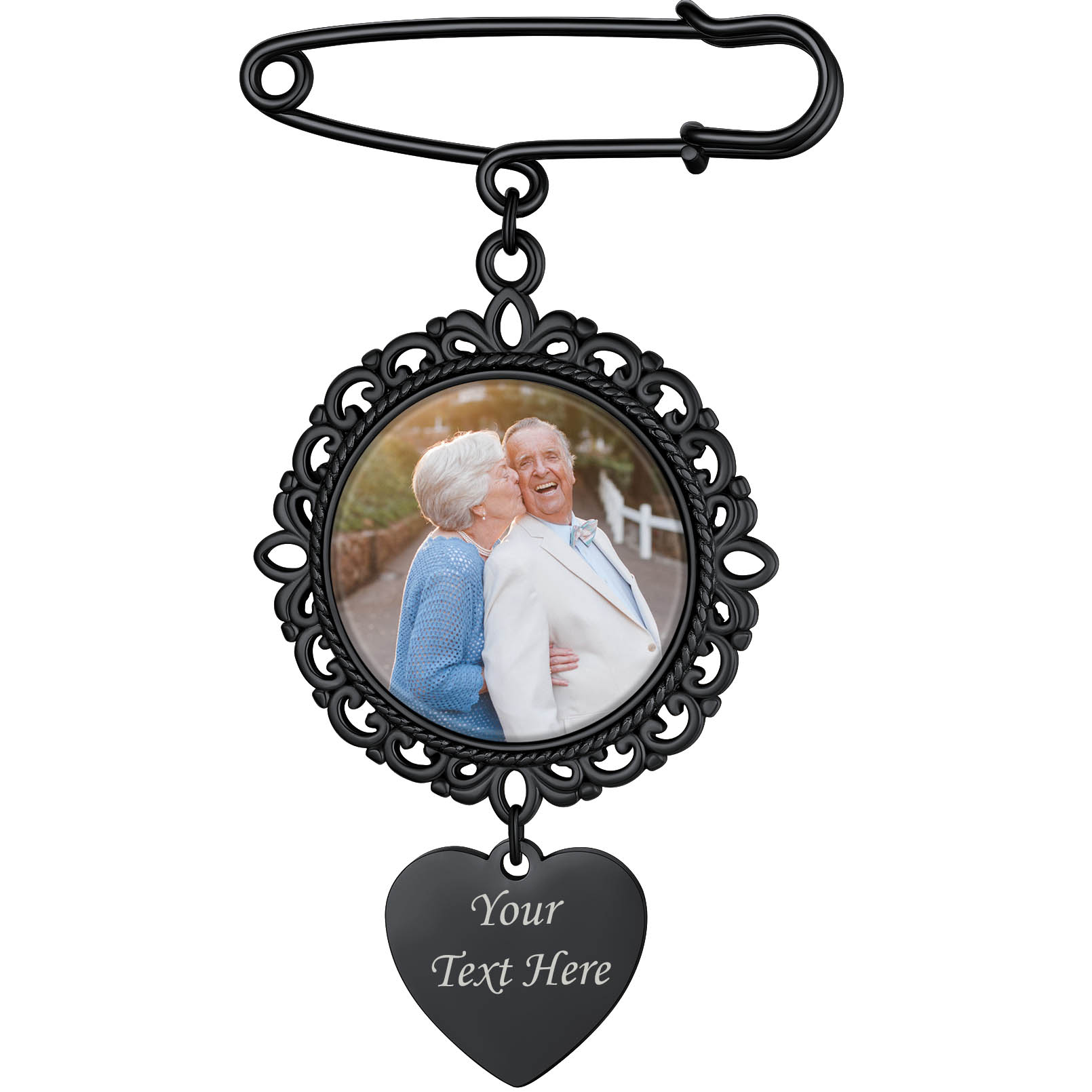 Custom Photo Charms Round Wedding Bouquet Brooch Pins black 1