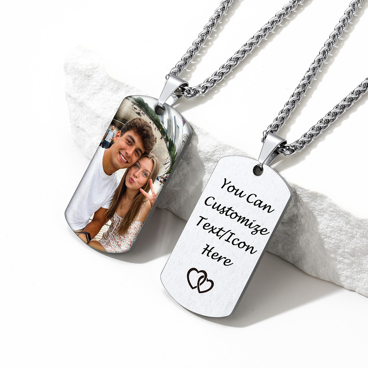 Custom Dog Tag Photo Necklace with Engraved Text  silver