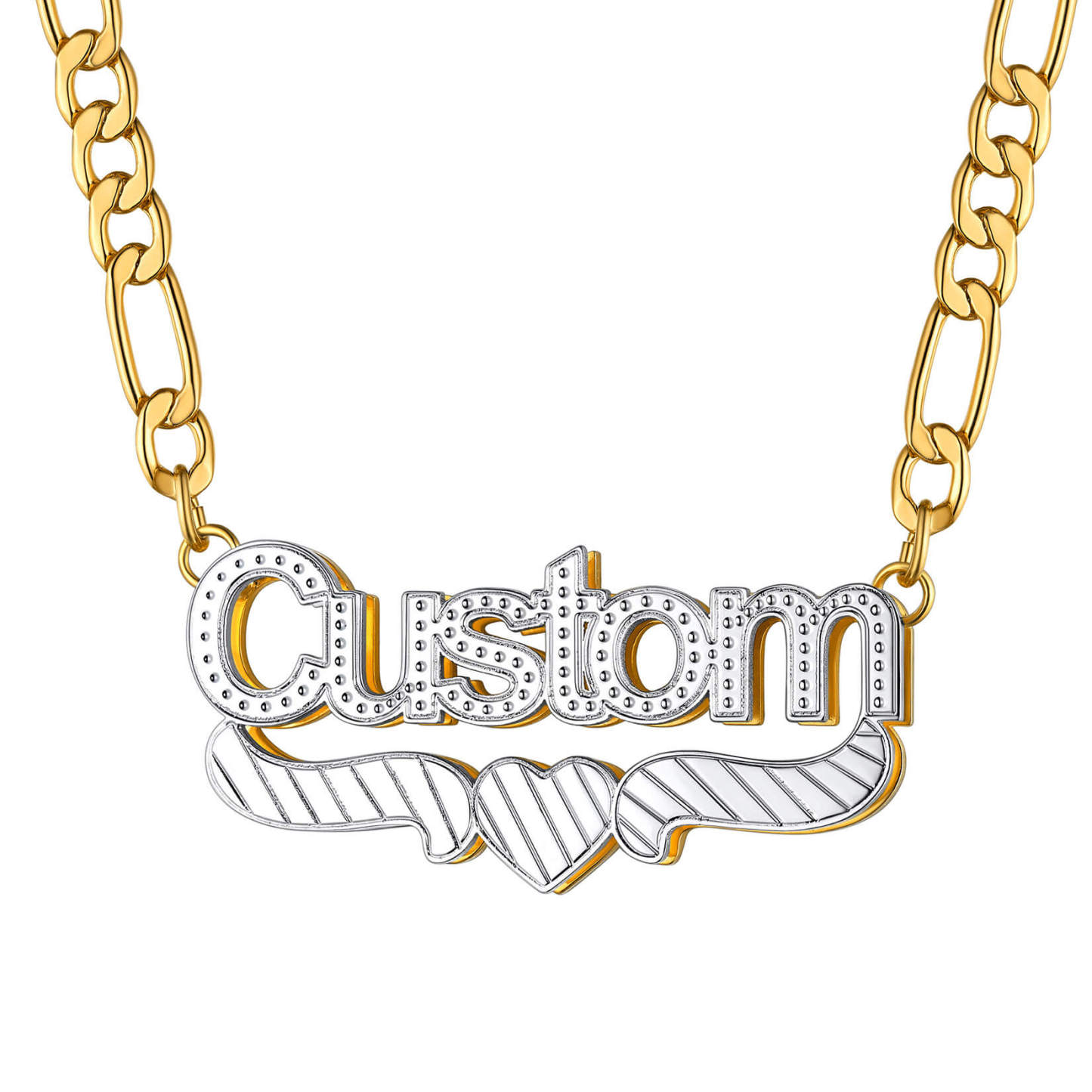 Gold Custom Heart Diamond Cut Name Necklace with Figaro Chain