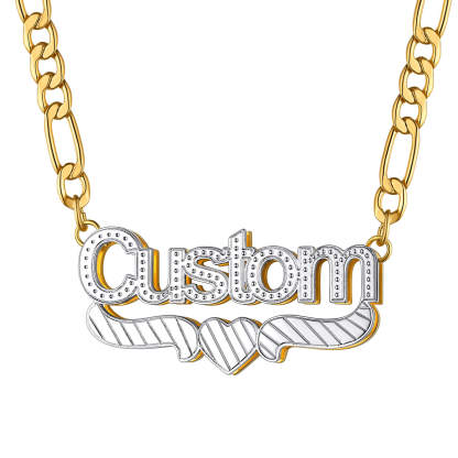 Gold Custom Heart Diamond Cut Name Necklace with Figaro Chain