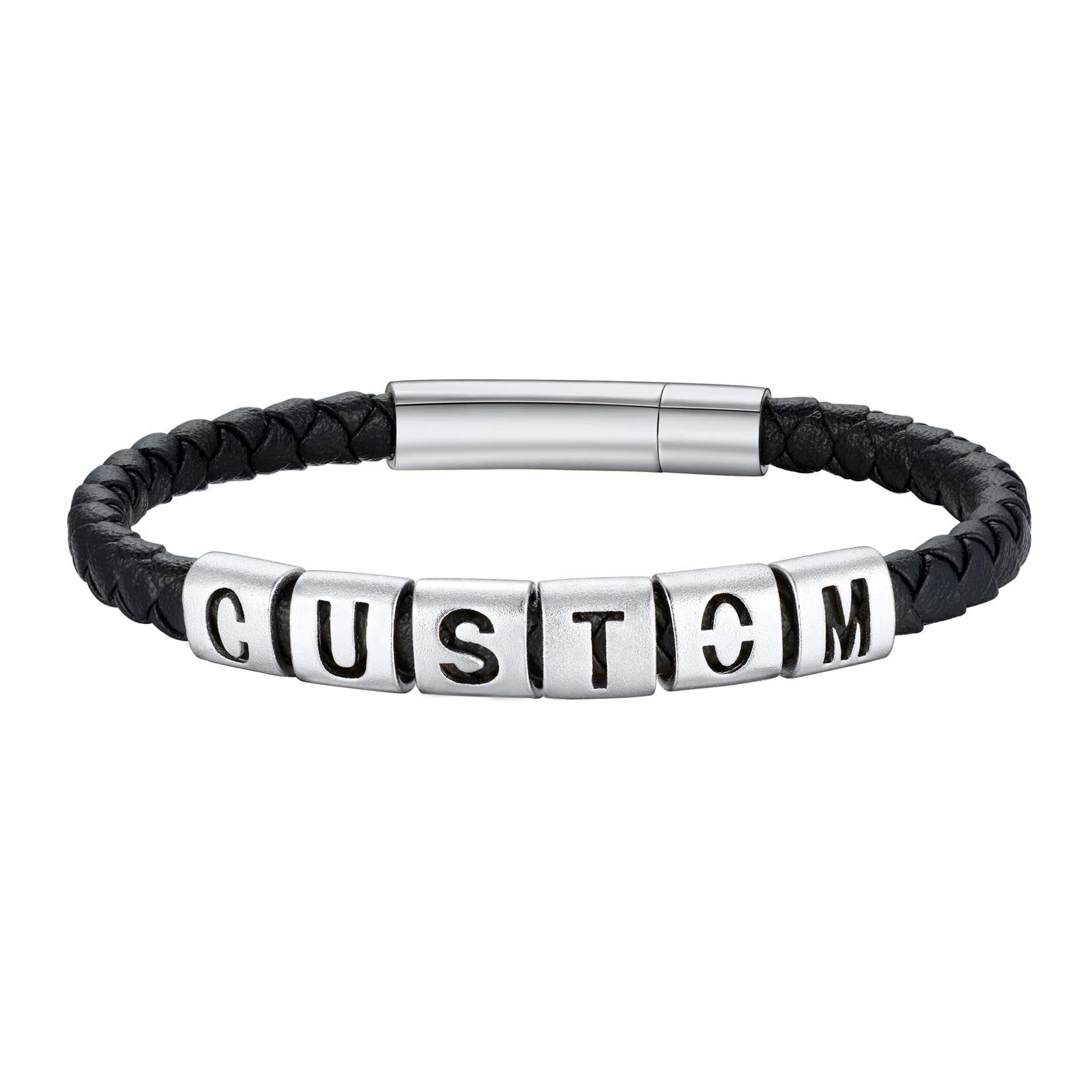 Personalized Leather Bracelet with Initial Beads Name Silver 