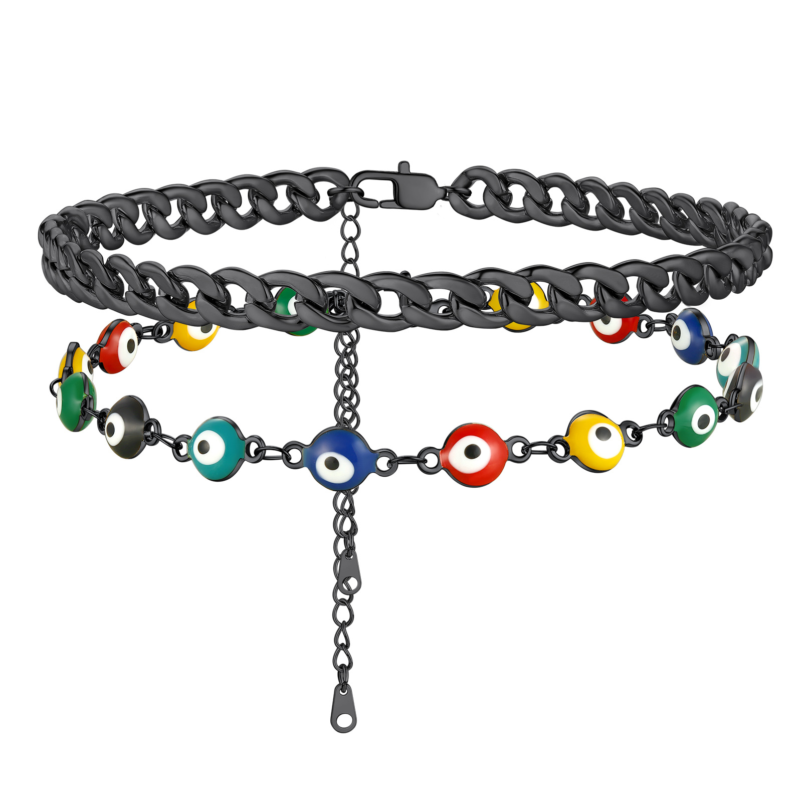 Layered Evil Eye black cuban link Chain Anklet 