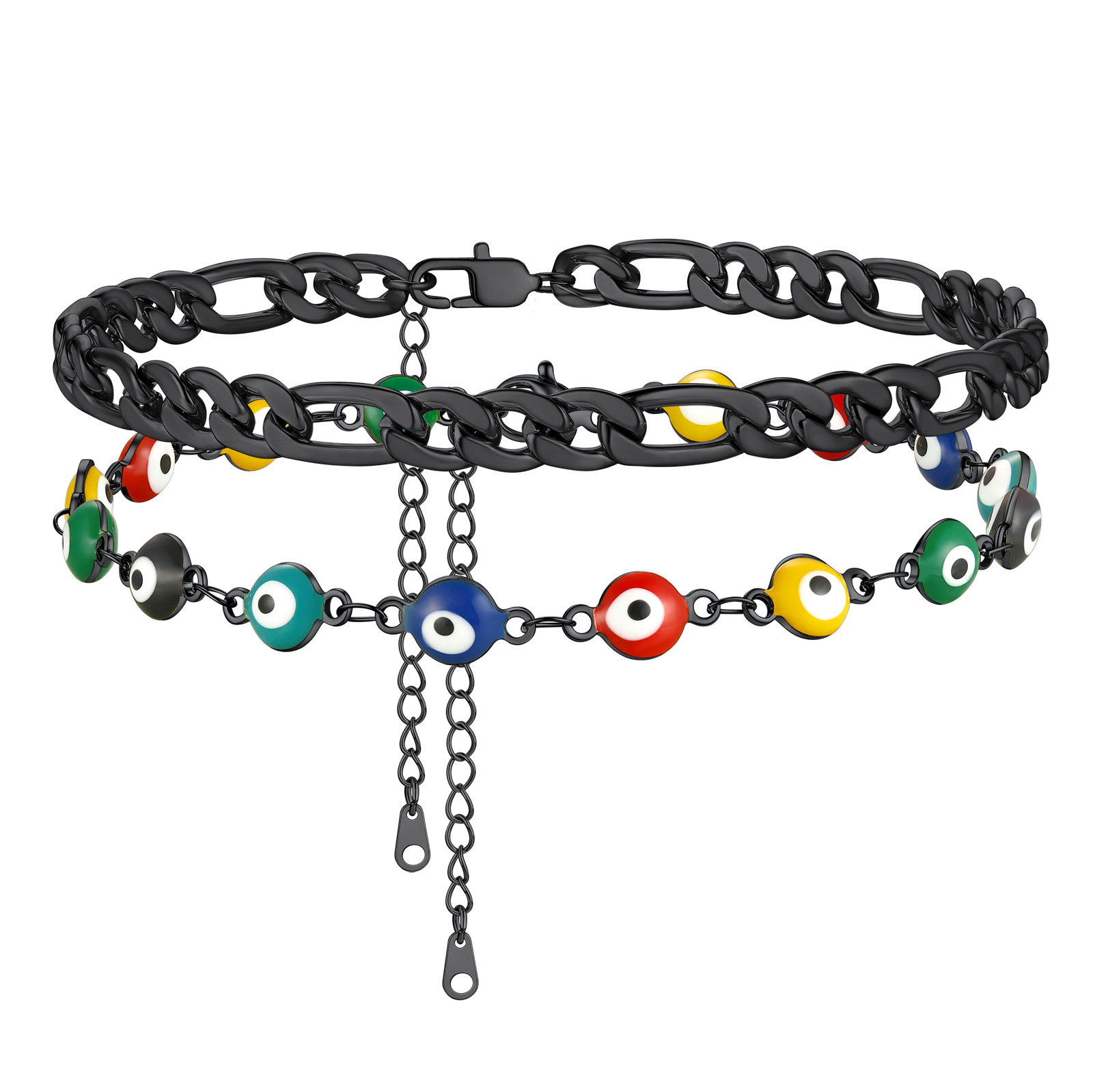 Layered Evil Eye black figaro link Chain Anklet 