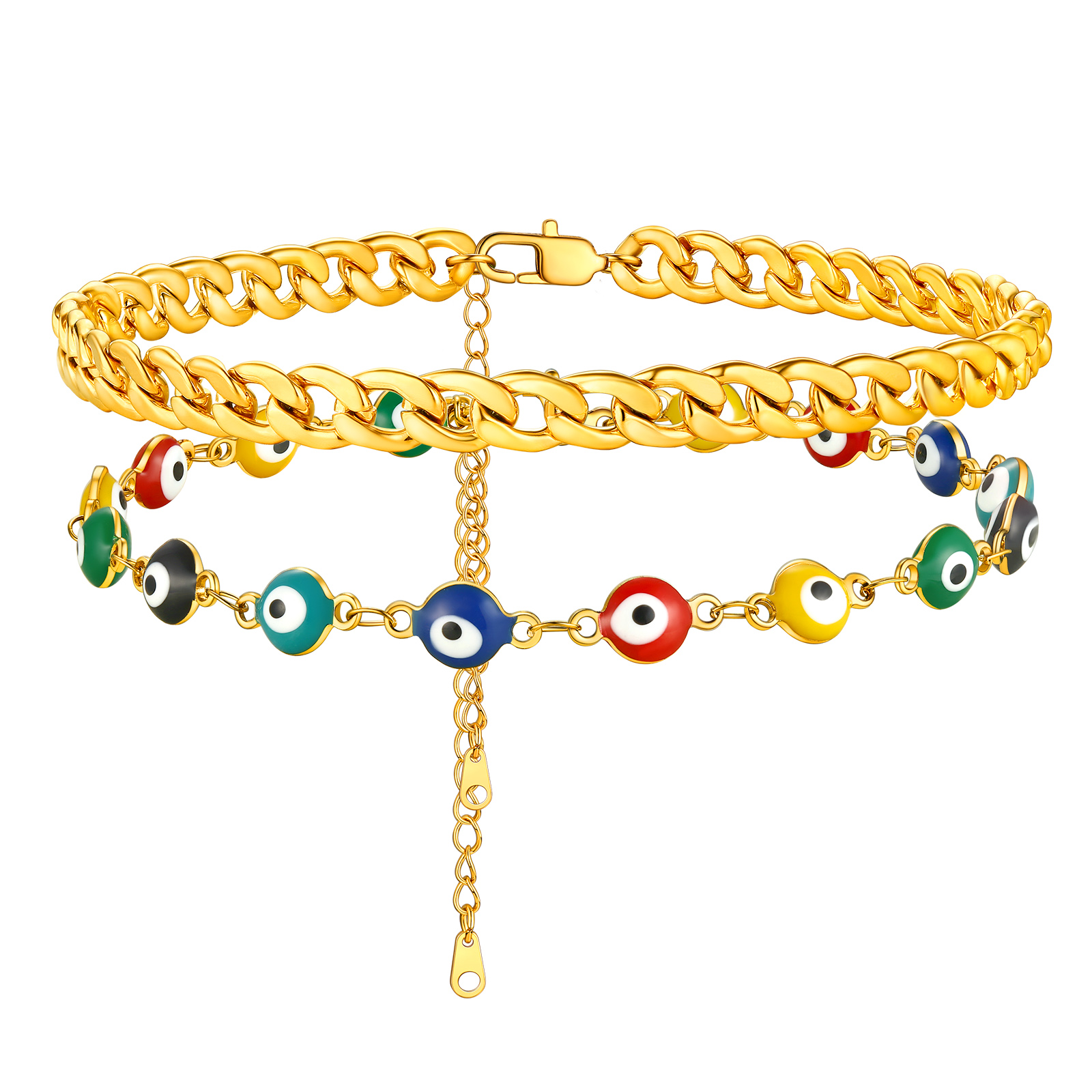 Layered Evil Eye gold cuban link Chain Anklet 