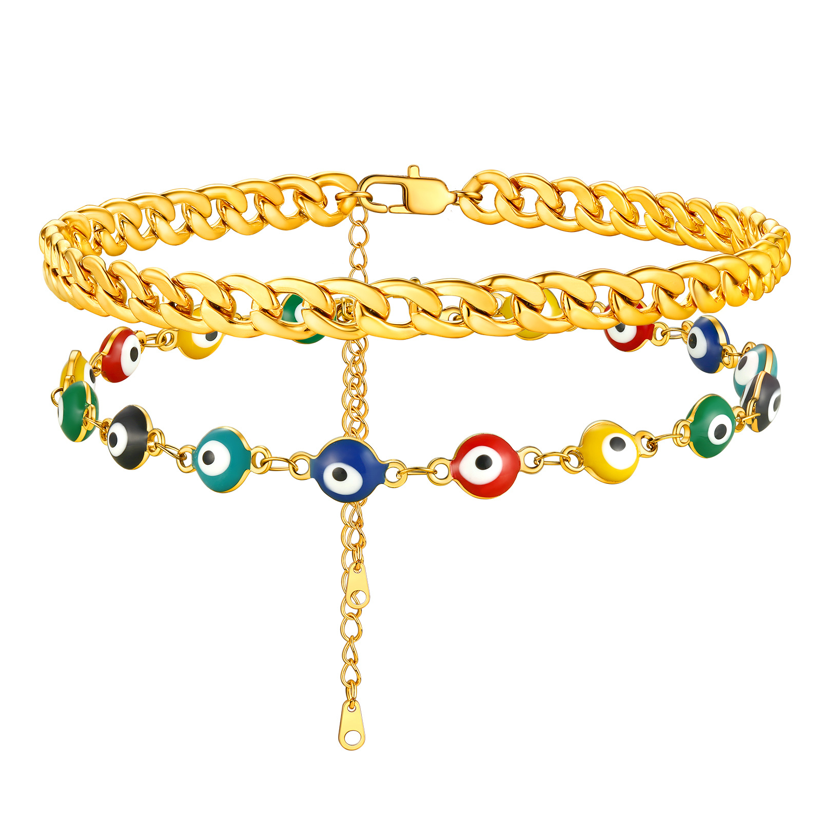 Layered Evil Eye gold cuban link Chain Anklet 