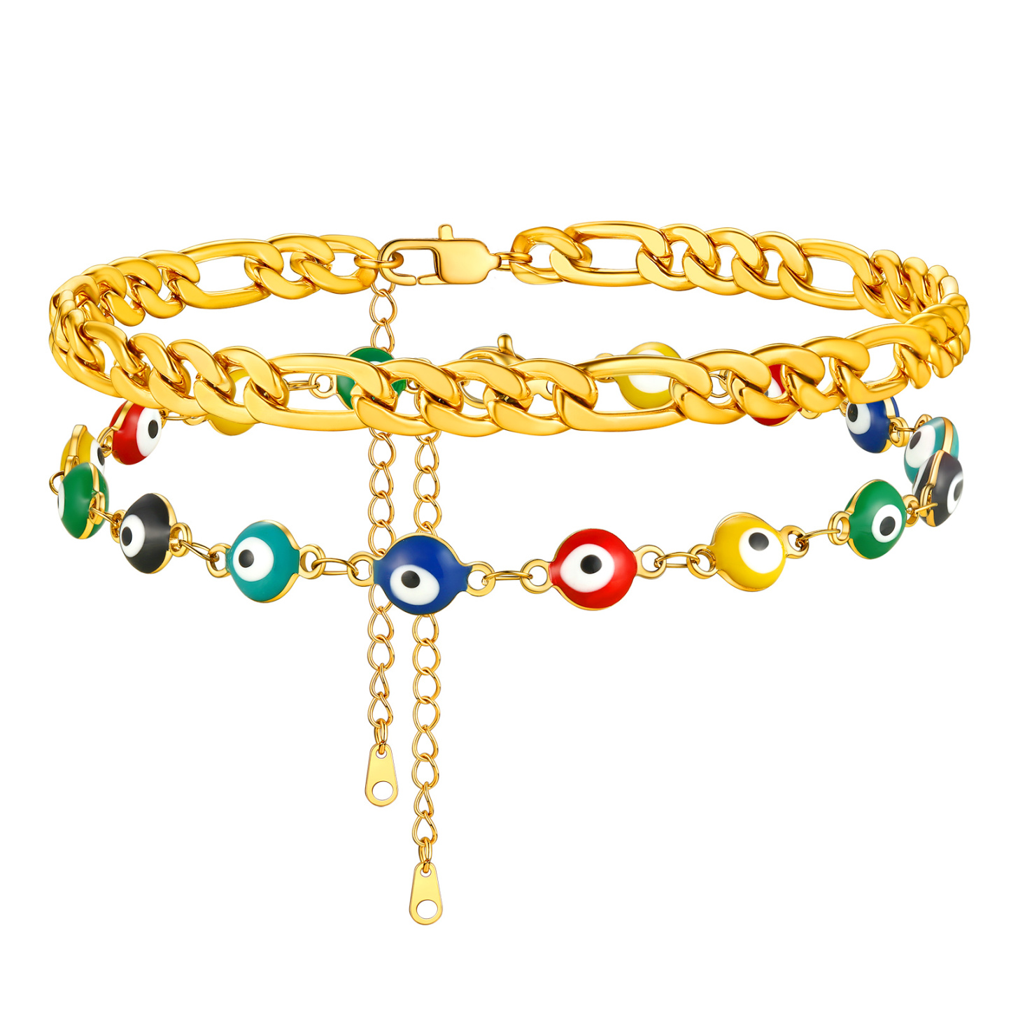Layered Evil Eye gold figaro link Chain Anklet 