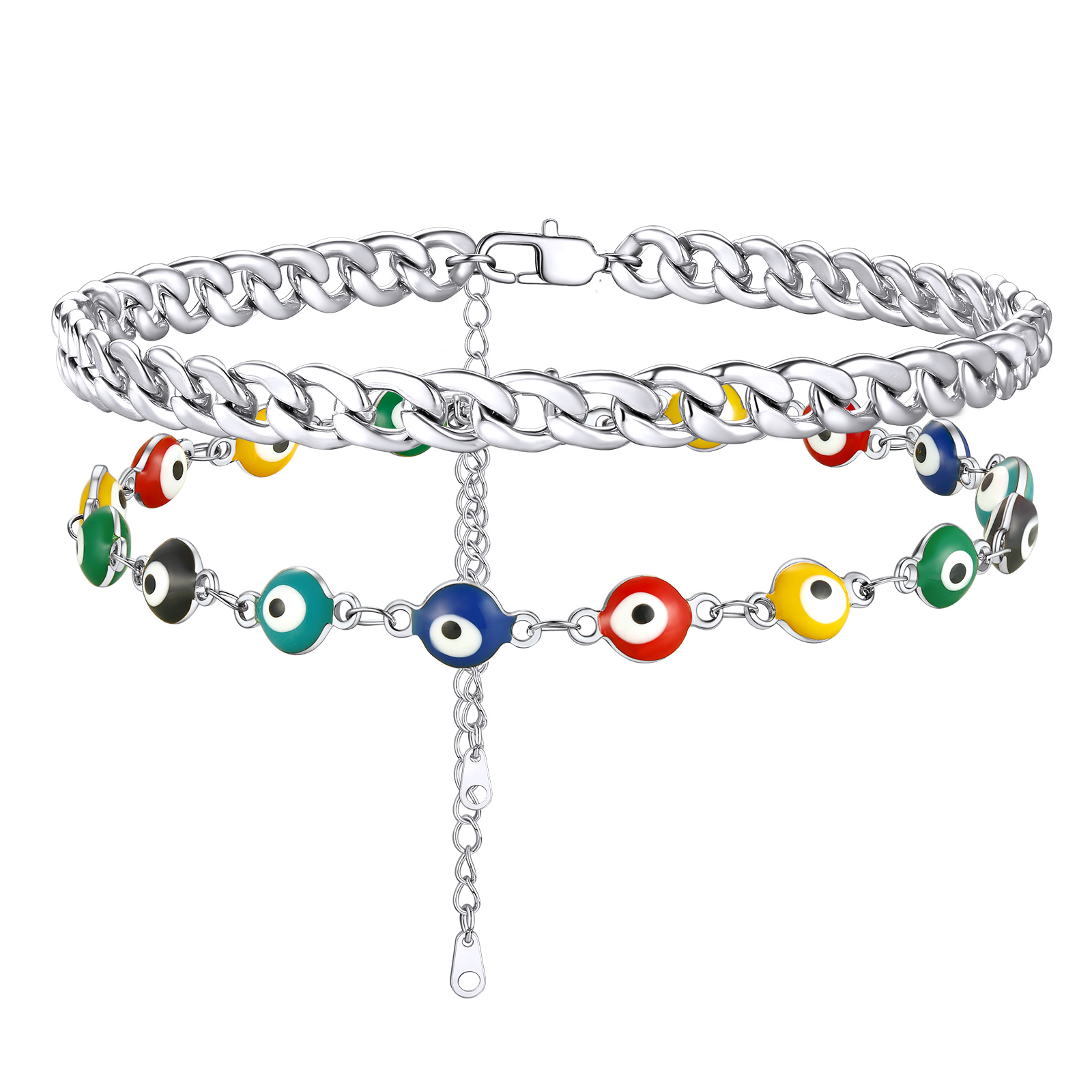 Layered Evil Eye silver cuban link Chain Anklet 