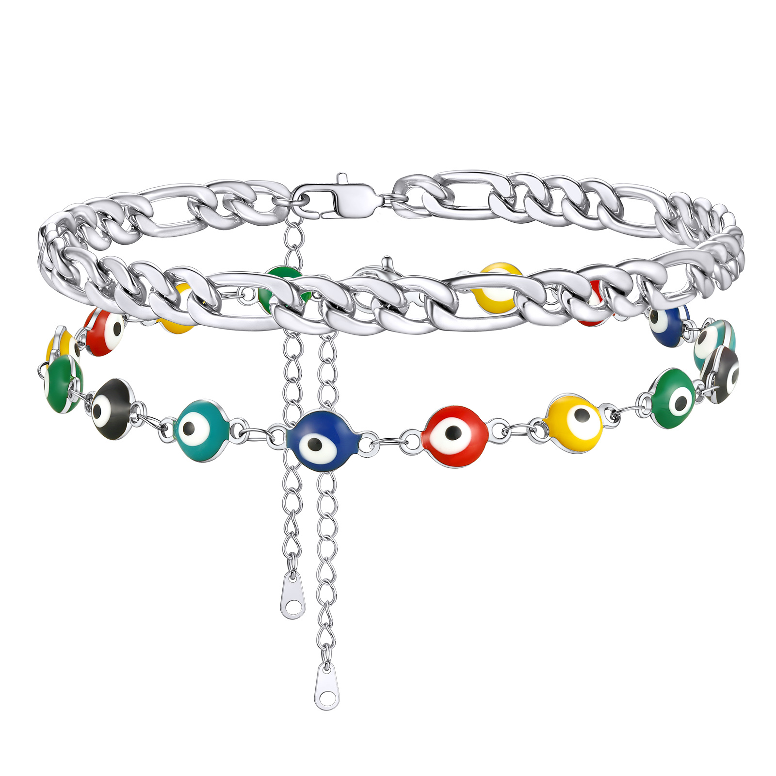 Layered Evil Eye silver figaro link Chain Anklet 