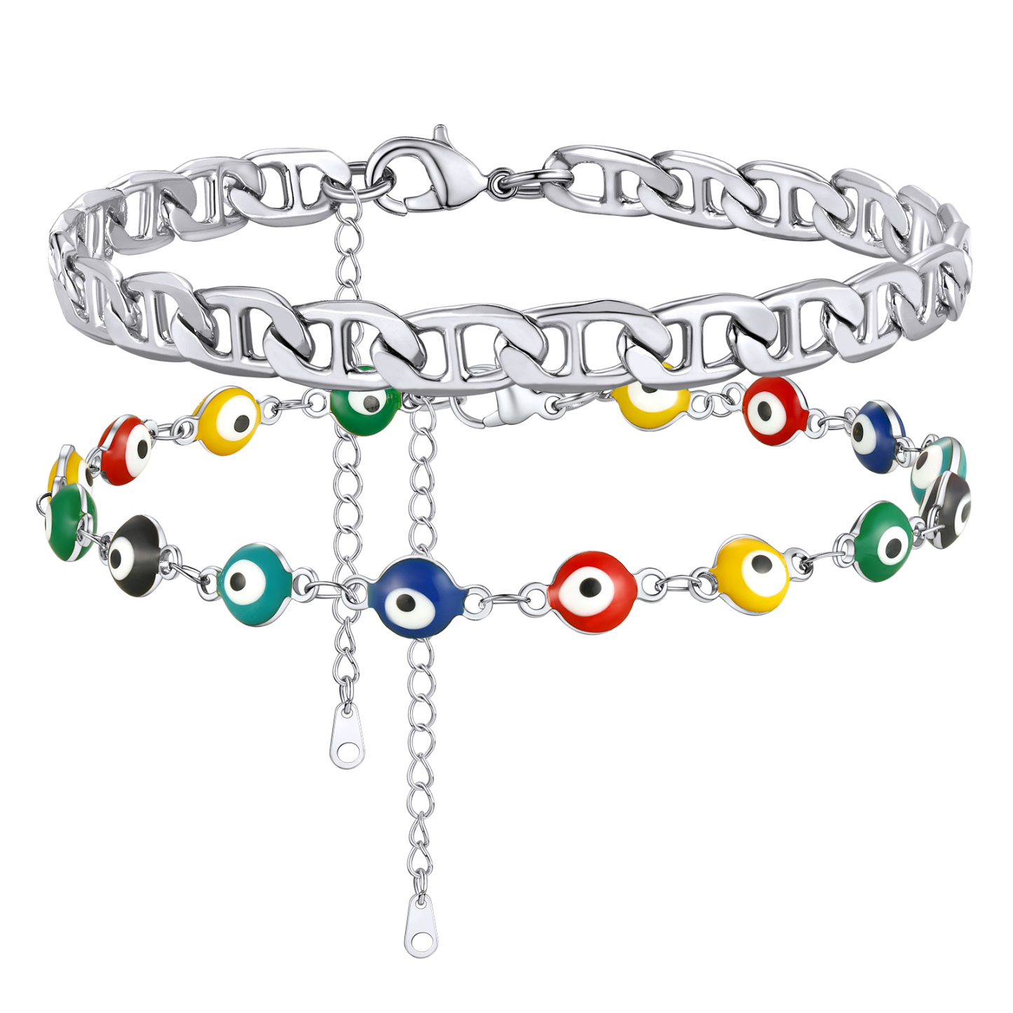 Layered Evil Eye silver mariner Chain Anklet 