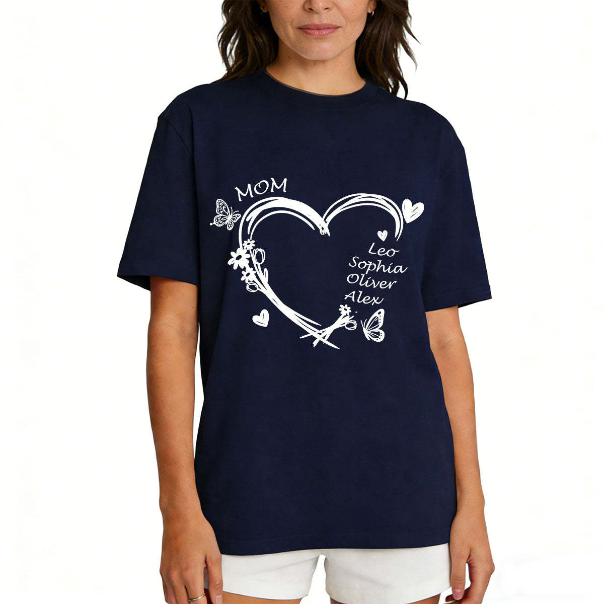 Personalized Heart & Name T-Shirt for Mom Navy Blue